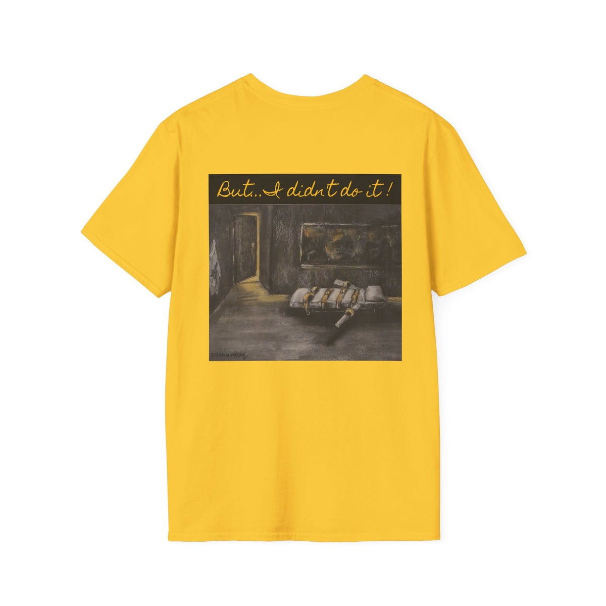 Lethal Injection Table 'I Didn't Do It!' T-Shirt | Minimal Script Logo