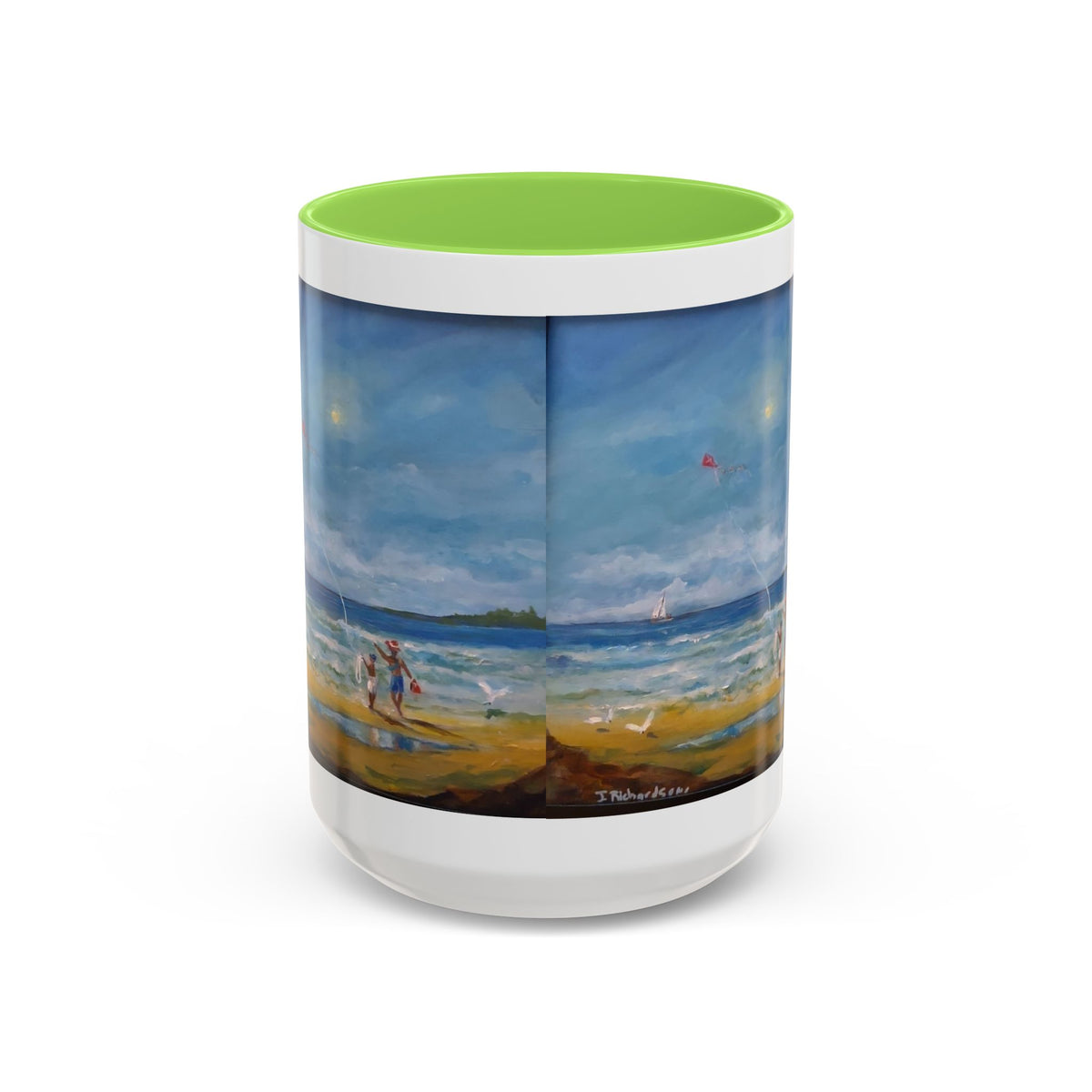 Beach & kite scene, Coffee Accent Mug - Personalize it! Colorful Ceramic Mug (11oz, 15oz)