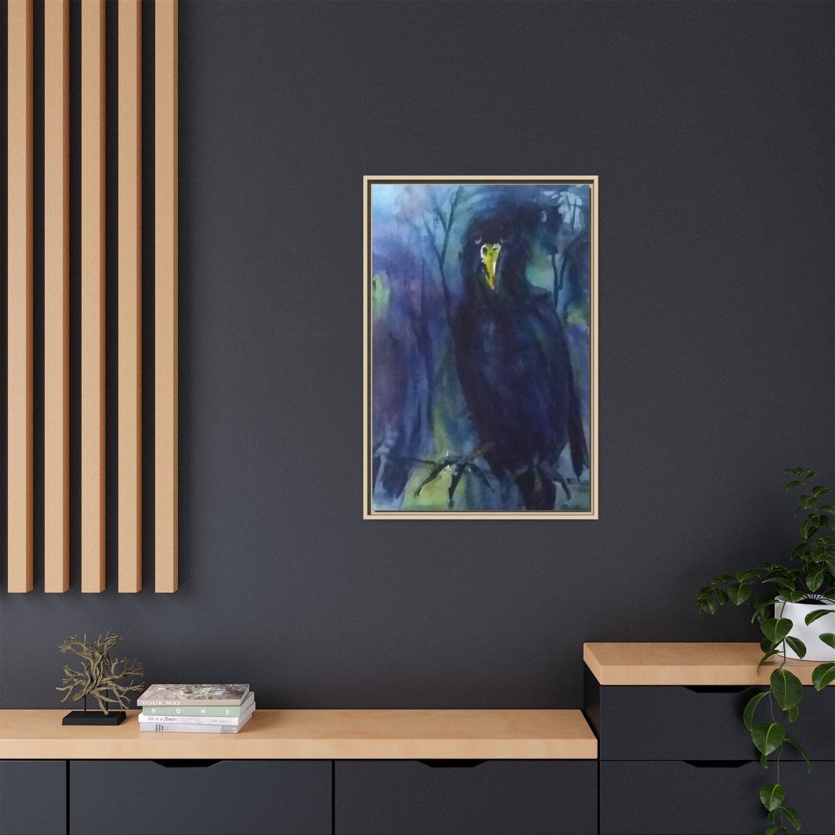 Framed Matte Canvas Print — Moody Black Raven Artwork