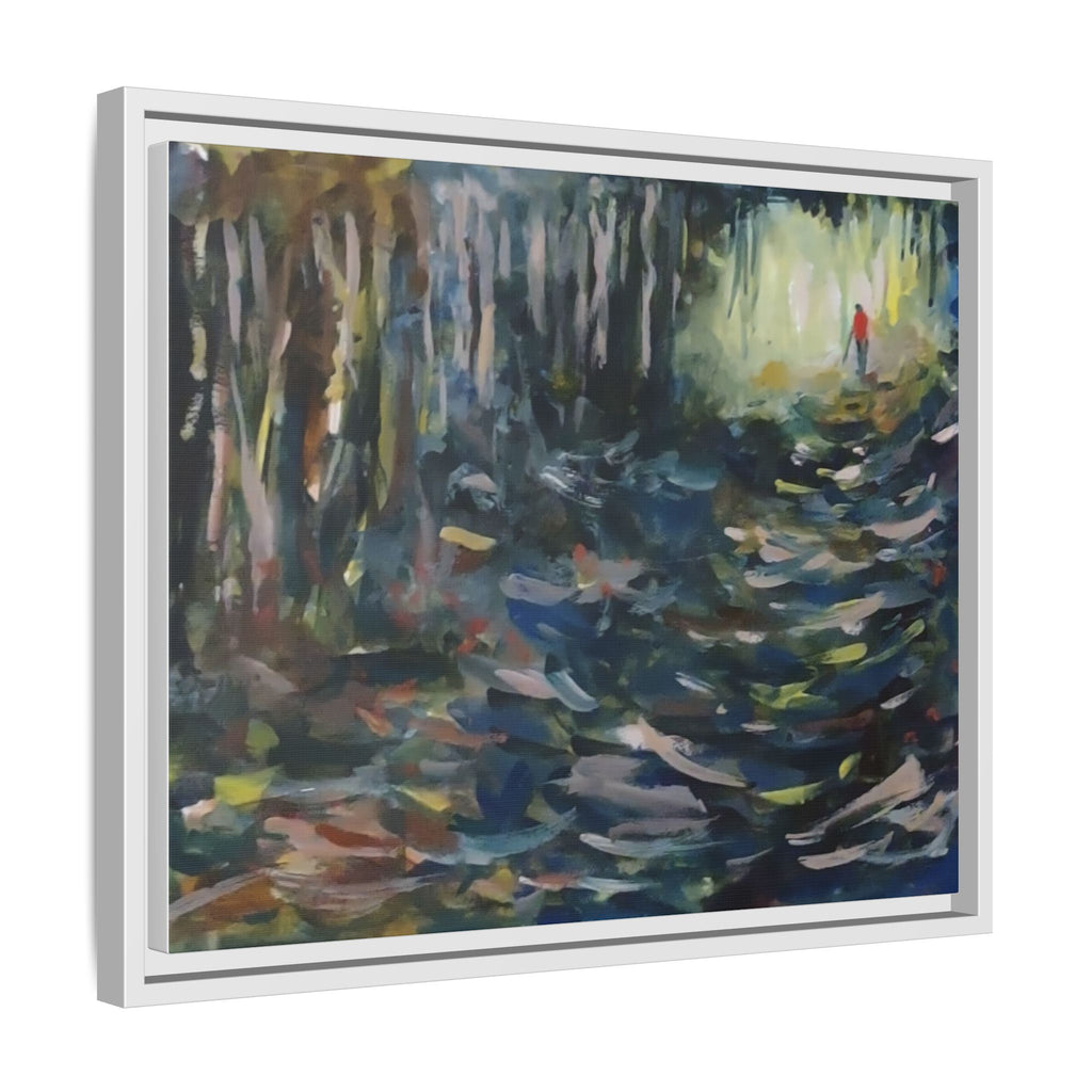 Forest Path Abstract Matte Canvas Framed | Red-Coated Figure, Blue-Green Impressionist Wall Art