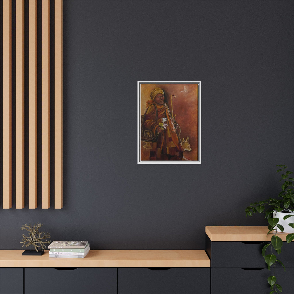 Monk & Dog & Dove Matte Canvas Framed | Earth Tone Wall Art