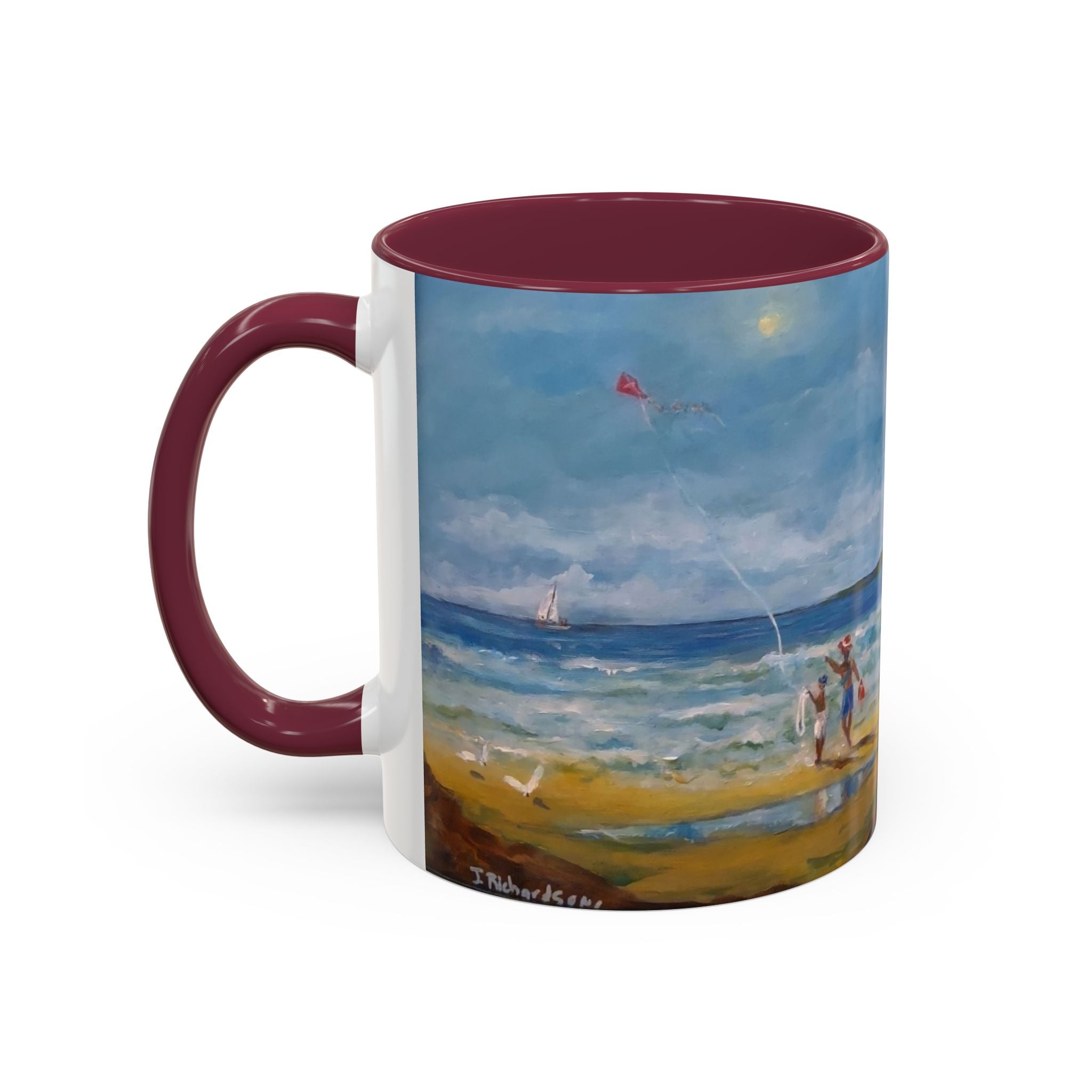 Beach & kite scene, Coffee Accent Mug - Personalize it! Colorful Ceramic Mug (11oz, 15oz)
