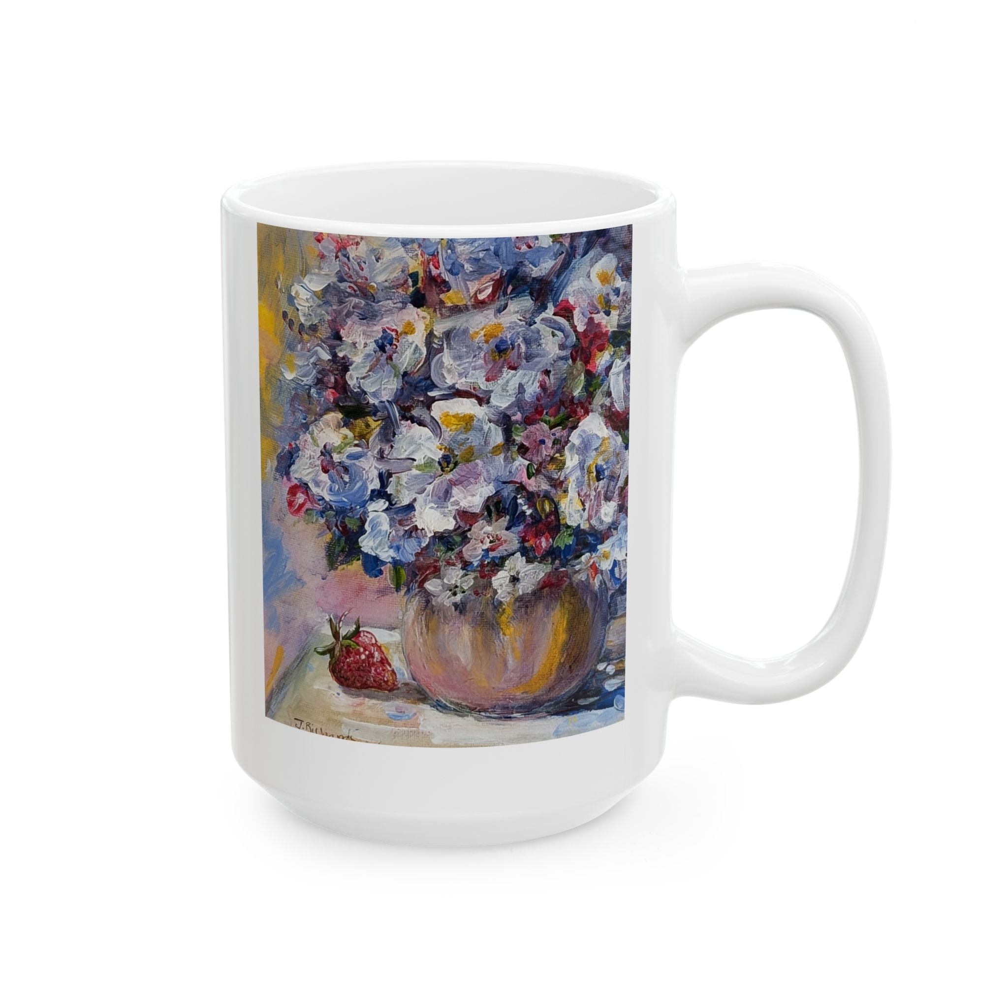 Floral + Strawberry Still Life Ceramic Mug – Impressionist Bouquet Coffee Cup (11oz & 15oz)