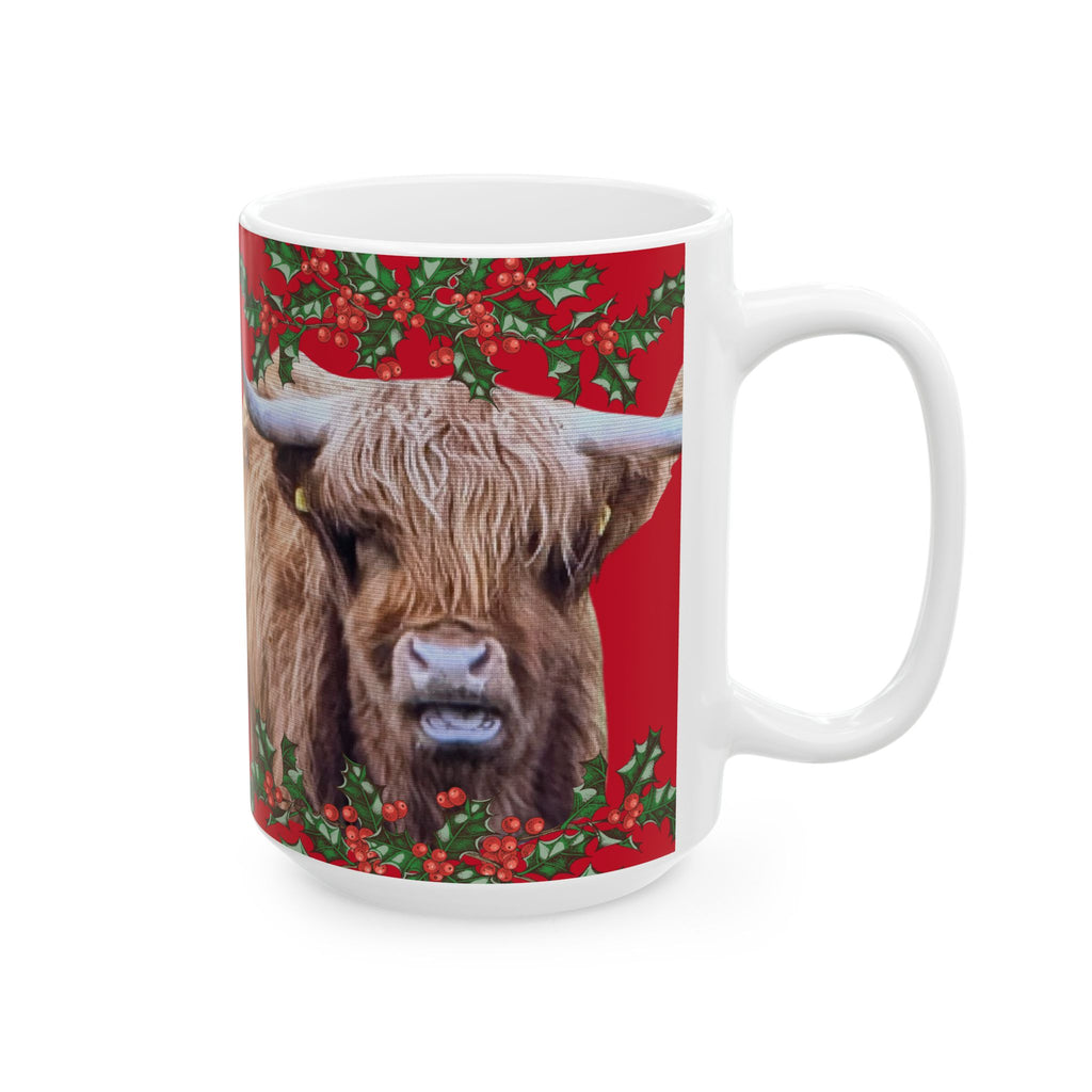 Highland Cow Christmas Mug — "Have a... Wonderful Christmas!" Festive Holiday Ceramic Coffee Cup (11oz/15oz)
