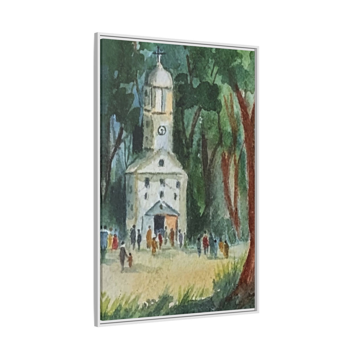 Framed Matte Canvas Print — Watercolor Church in Woodland Scene