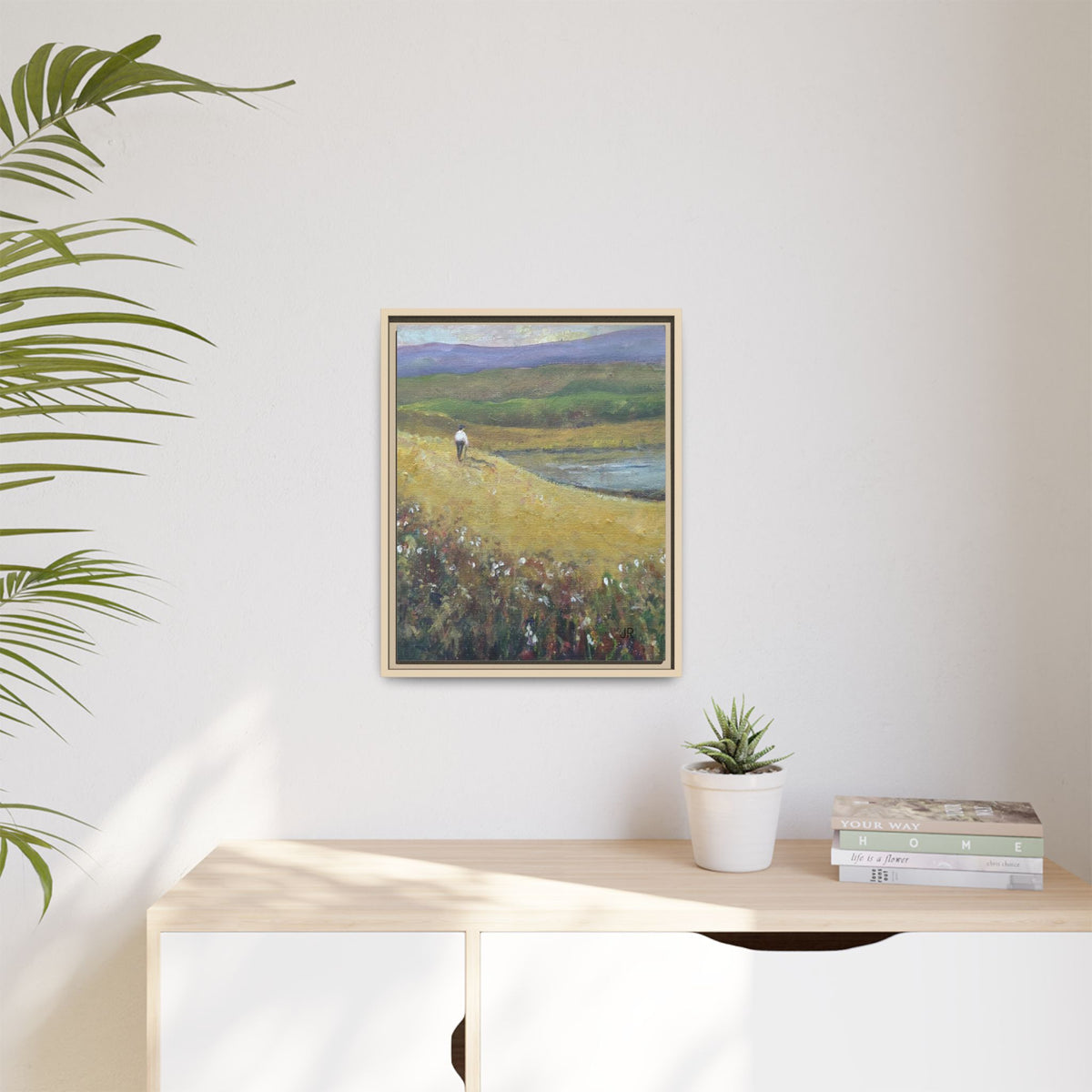 Solitary Walker Landscape Matte Canvas Framed | Pastel Field Wall Art