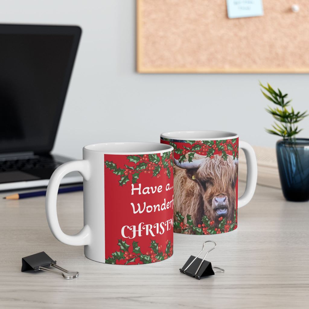 Highland Cow Christmas Mug — "Have a... Wonderful Christmas!" Festive Holiday Ceramic Coffee Cup (11oz/15oz)