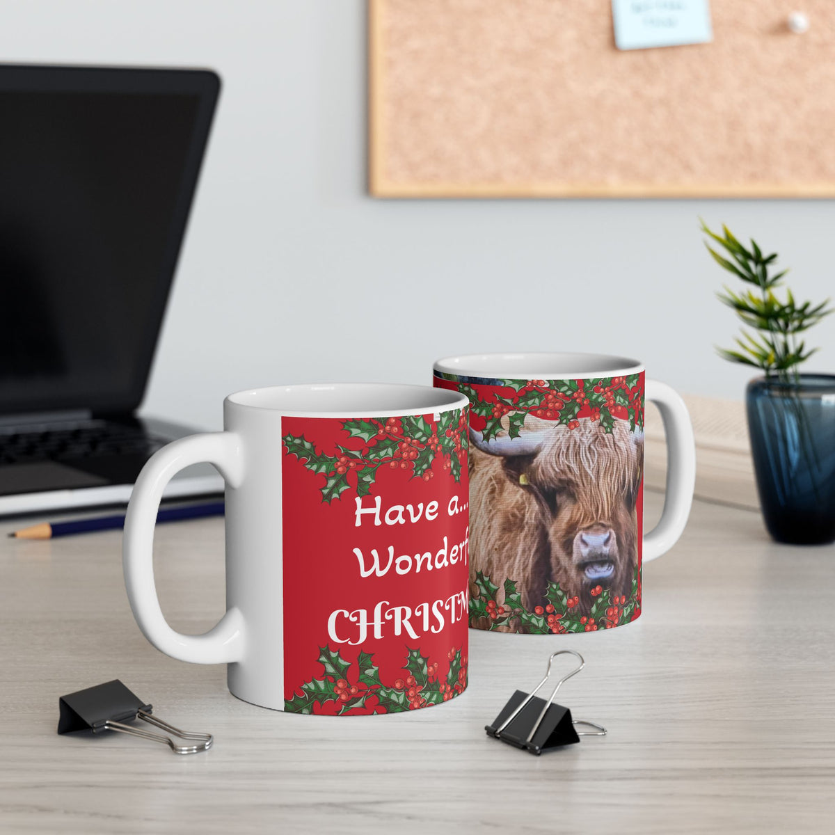 Highland Cow Christmas Mug — "Have a... Wonderful Christmas!" Festive Holiday Ceramic Coffee Cup (11oz/15oz)