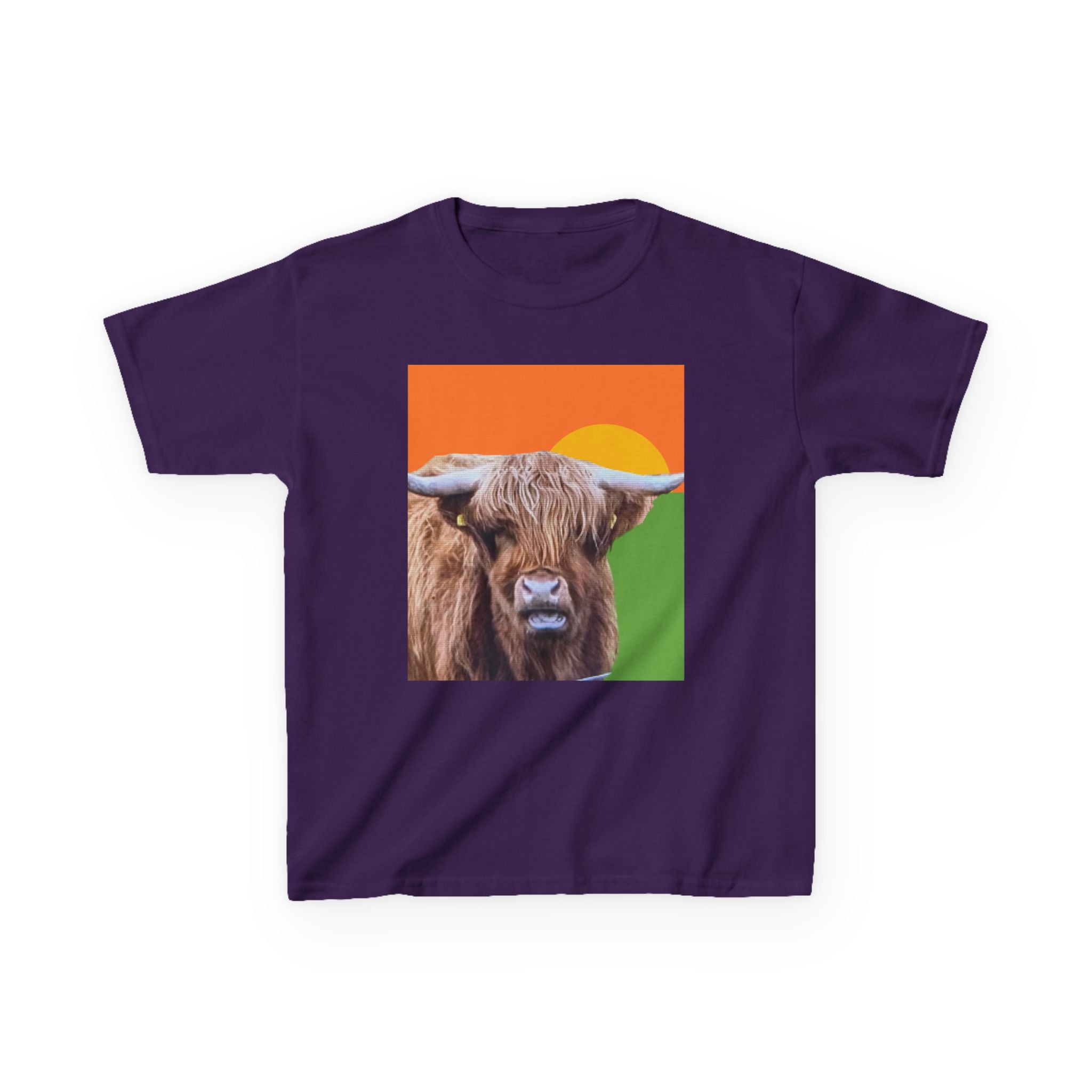 Highland Cow Sunset Kids Tee | Scottish Cattle Animal Graphic