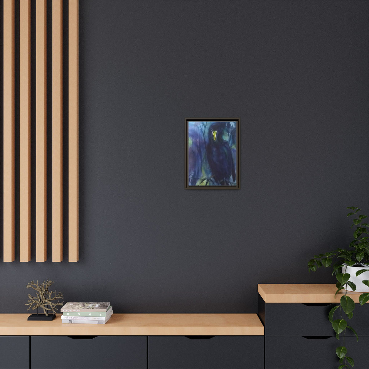 Framed Matte Canvas Print — Moody Black Raven Artwork