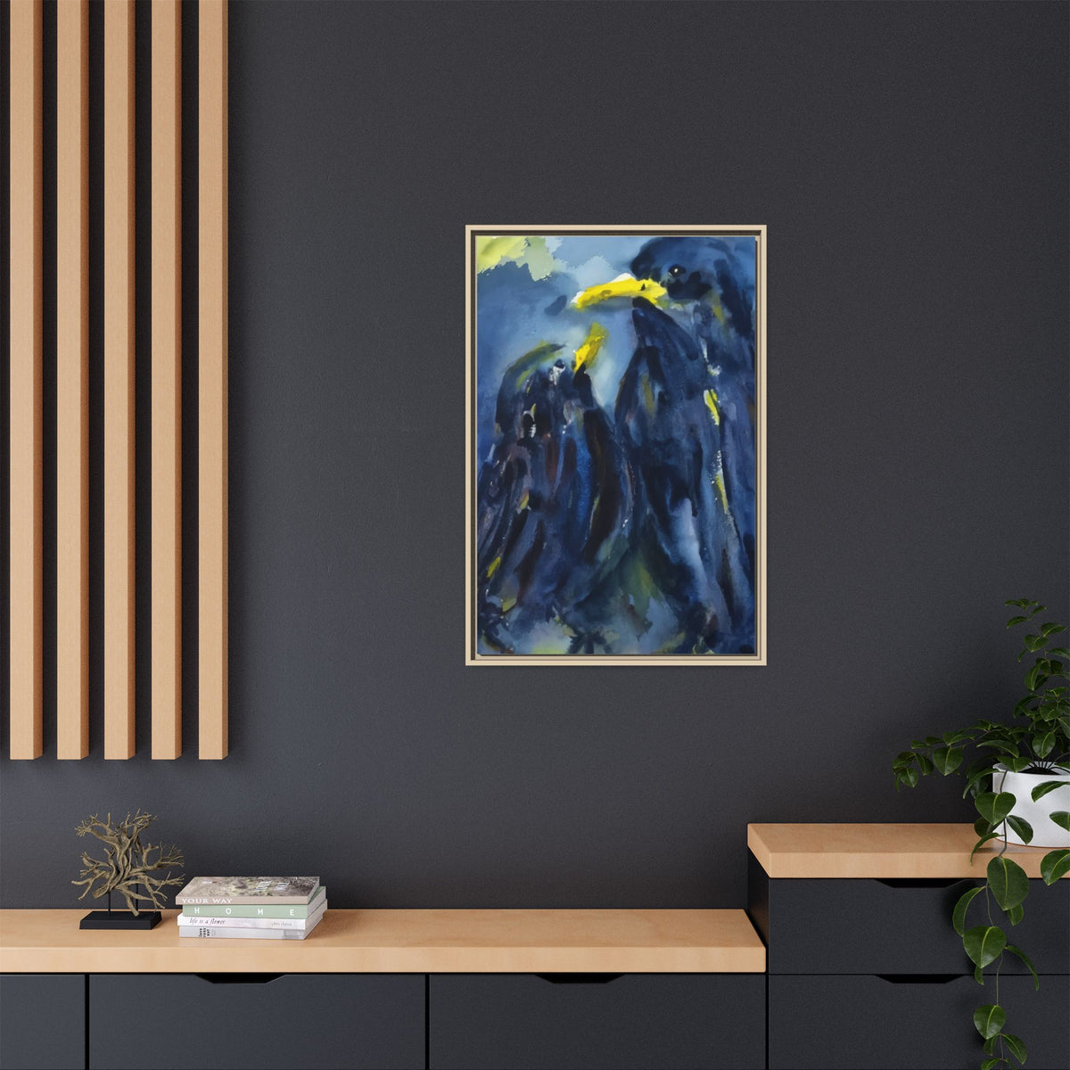 Framed Matte Canvas — Blue Raven Watercolor "Baby & Mother" Wall Art