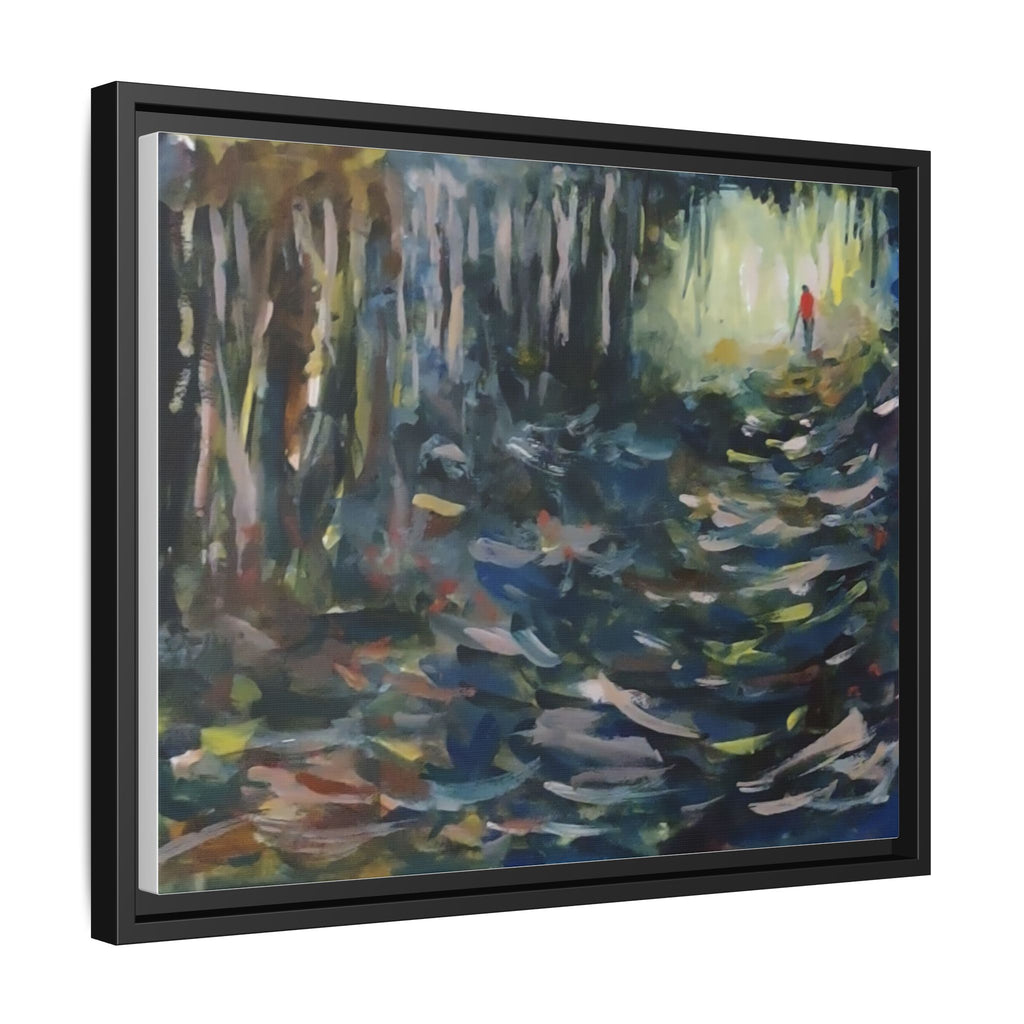 Forest Path Abstract Matte Canvas Framed | Red-Coated Figure, Blue-Green Impressionist Wall Art