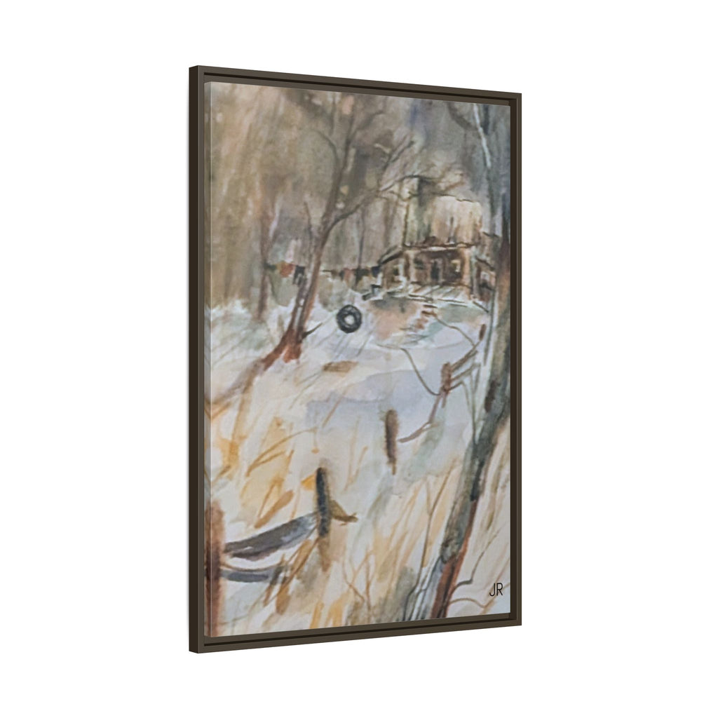Winter Cabin Landscape Framed Canvas Print