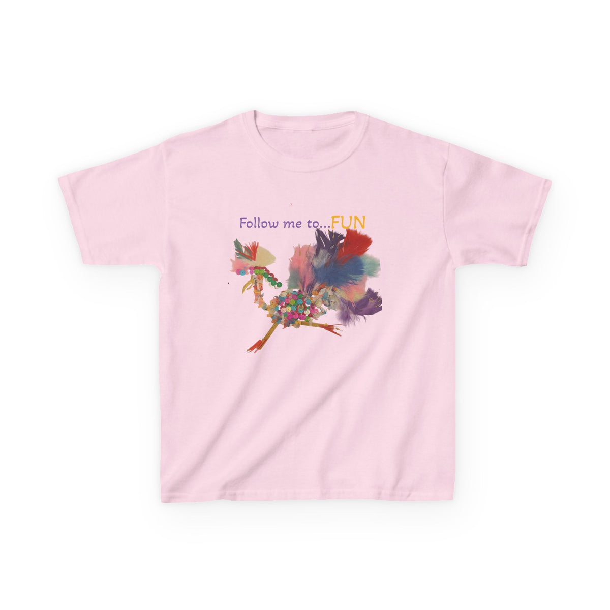 Follow Me to Fun l feathery bird l Kids Tee | colorful whimsical bird design