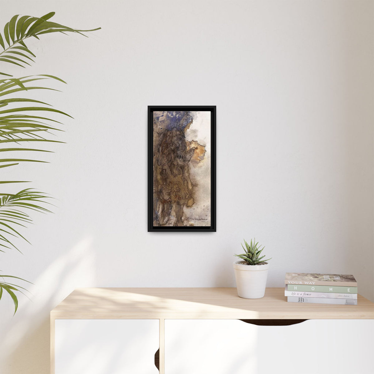 Framed Matte Canvas — "Left Behind Homeless Woman" Watercolor Abstract (Earth Tones)