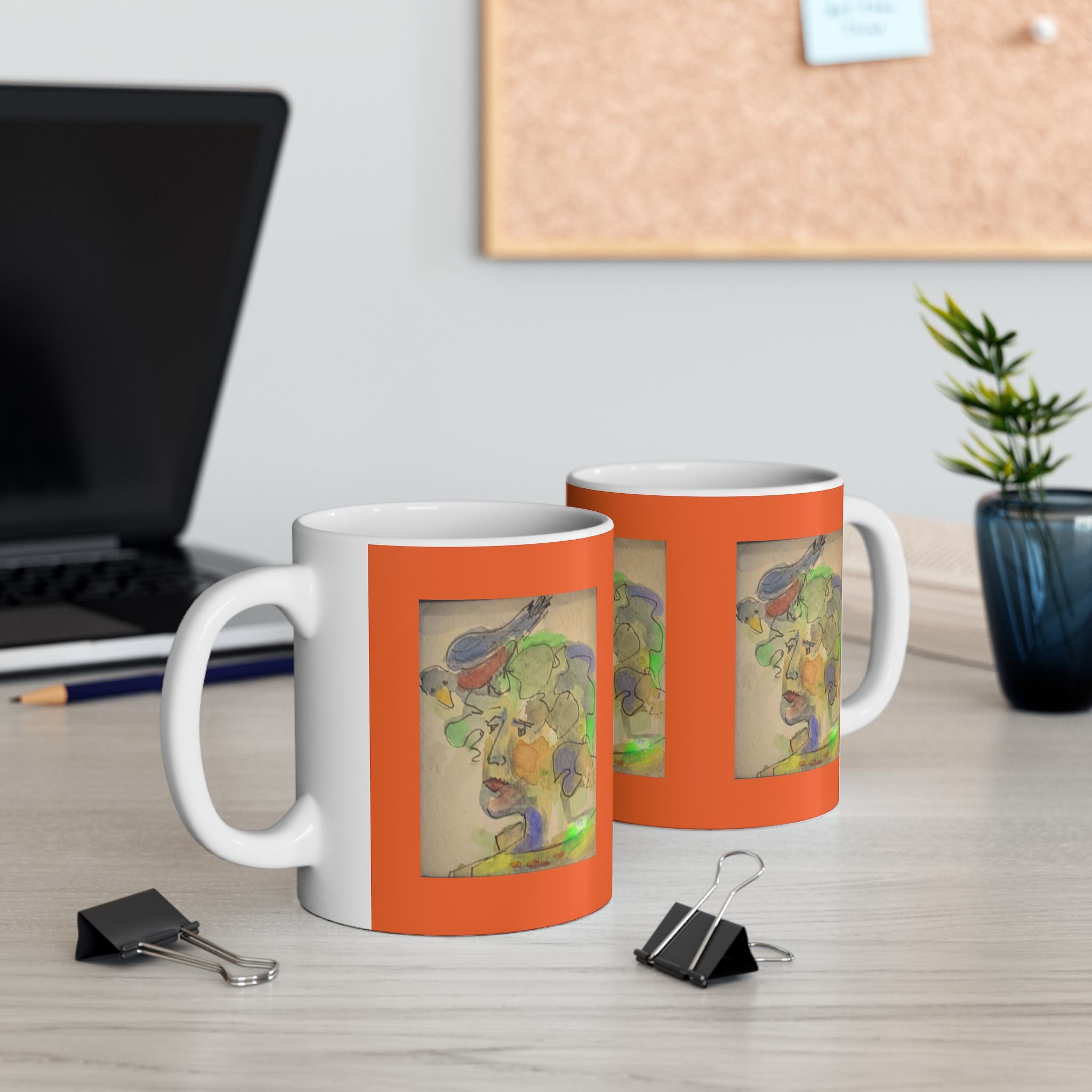 Abstract Watercolor Face Mug | Ceramic Orange Accent