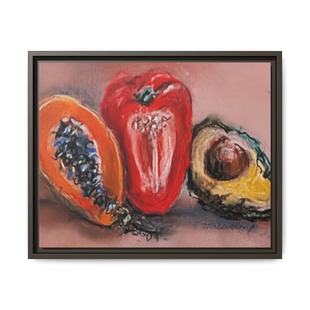 Framed Matte Canvas Art — Vibrant Still Life: Papaya, Red Pepper & Avocado