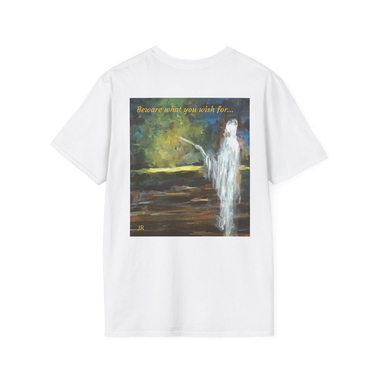Ghostly Figure Makes Wishes Back Print T-Shirt | Minimal Script Logo