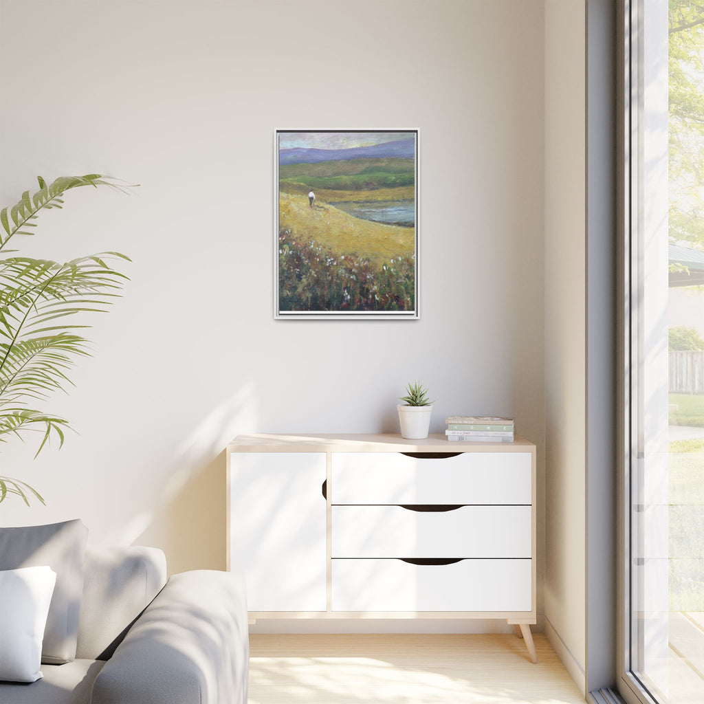 Solitary Walker Landscape Matte Canvas Framed | Pastel Field Wall Art