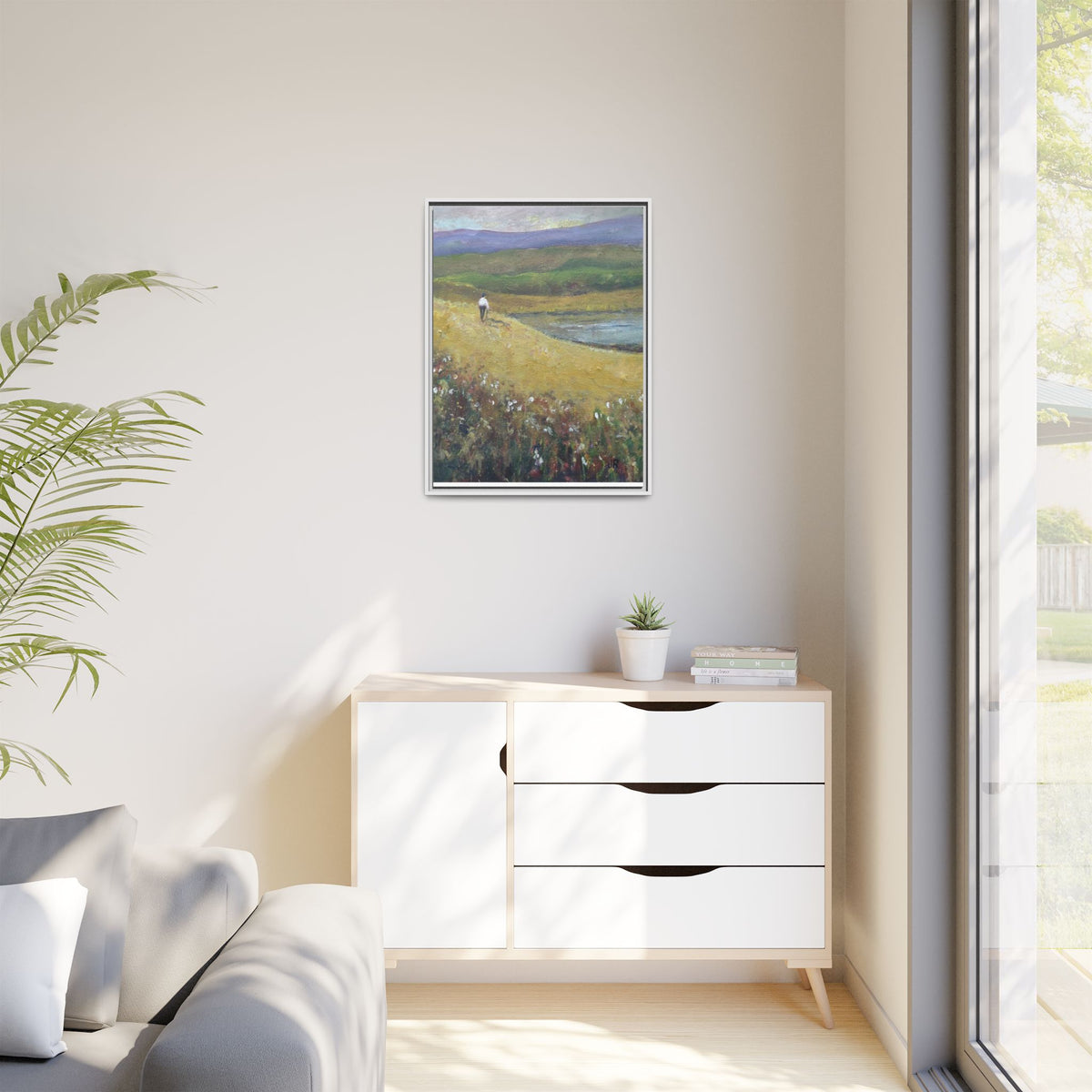 Solitary Walker Landscape Matte Canvas Framed | Pastel Field Wall Art