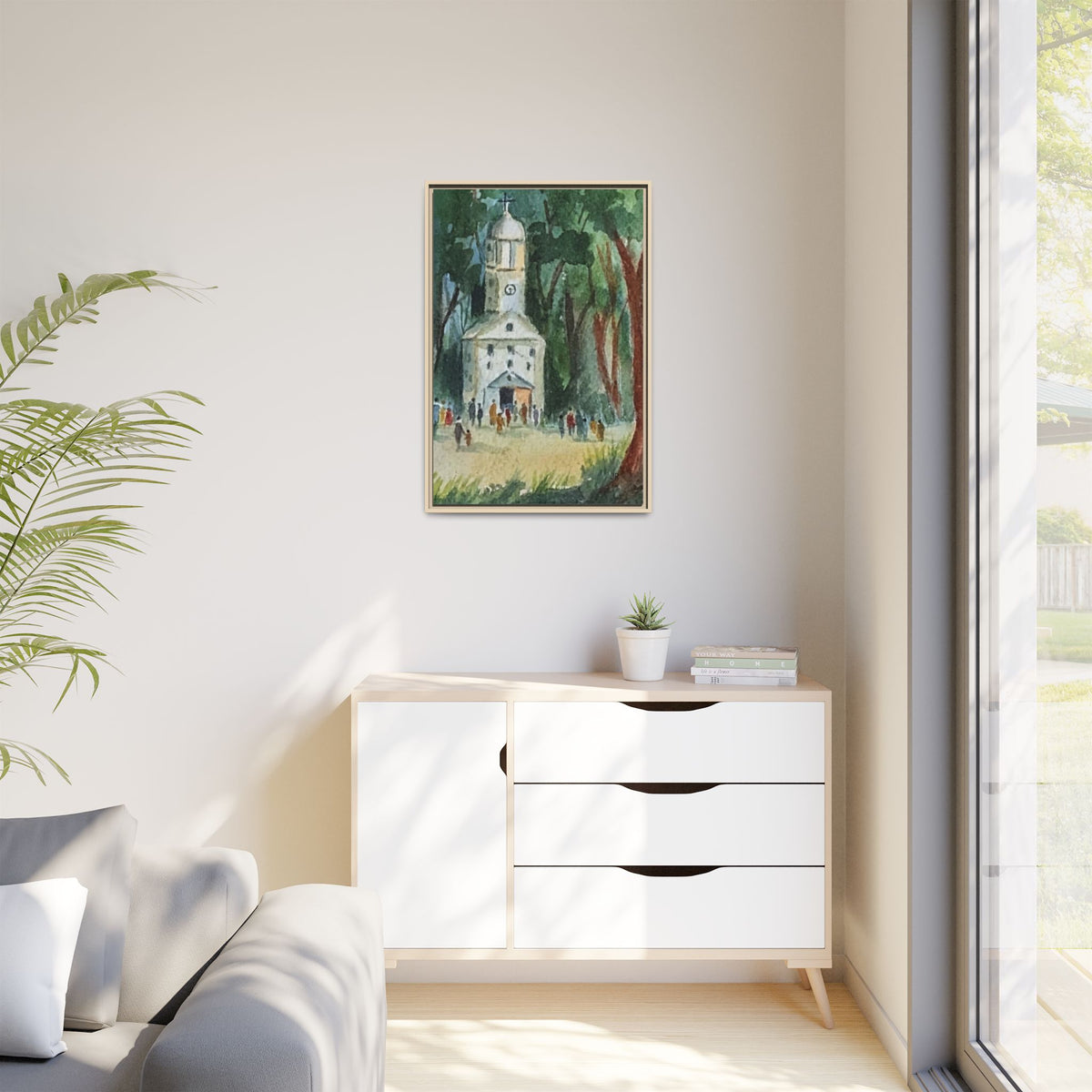 Framed Matte Canvas Print — Watercolor Church in Woodland Scene