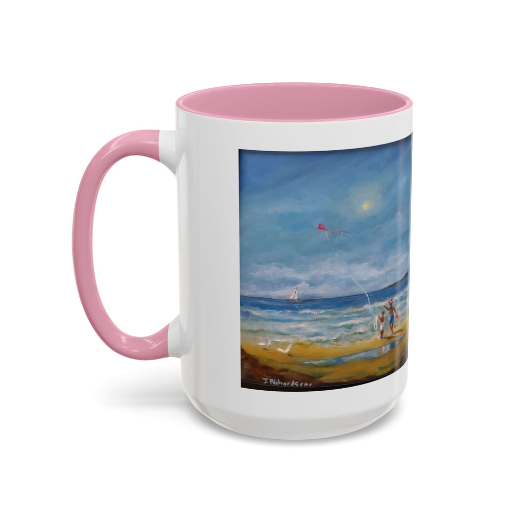Beach & kite scene, Coffee Accent Mug - Personalize it! Colorful Ceramic Mug (11oz, 15oz)