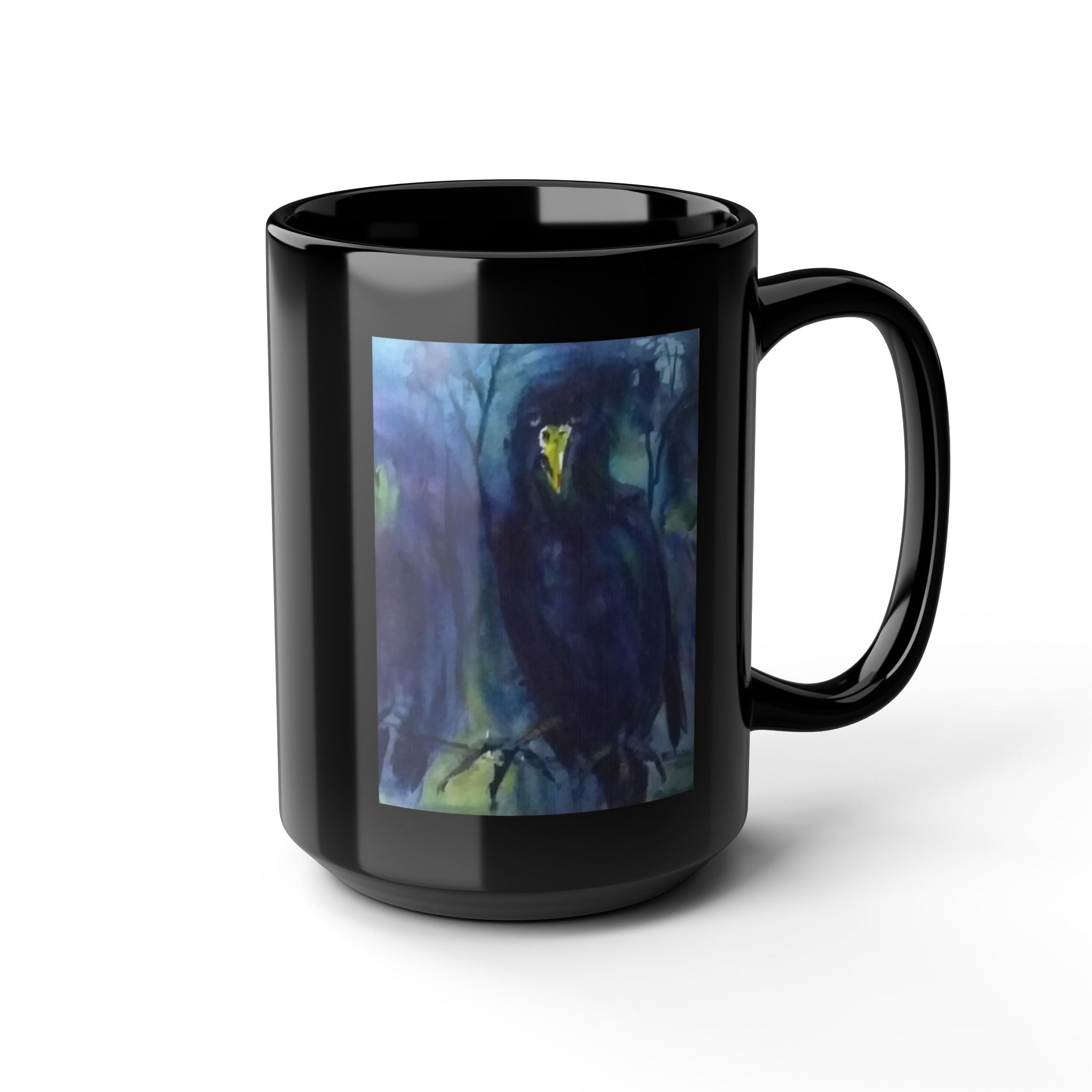 Dark Raven Watercolor Black Mug | Personalizable Gothic Bird Art, Night Forest