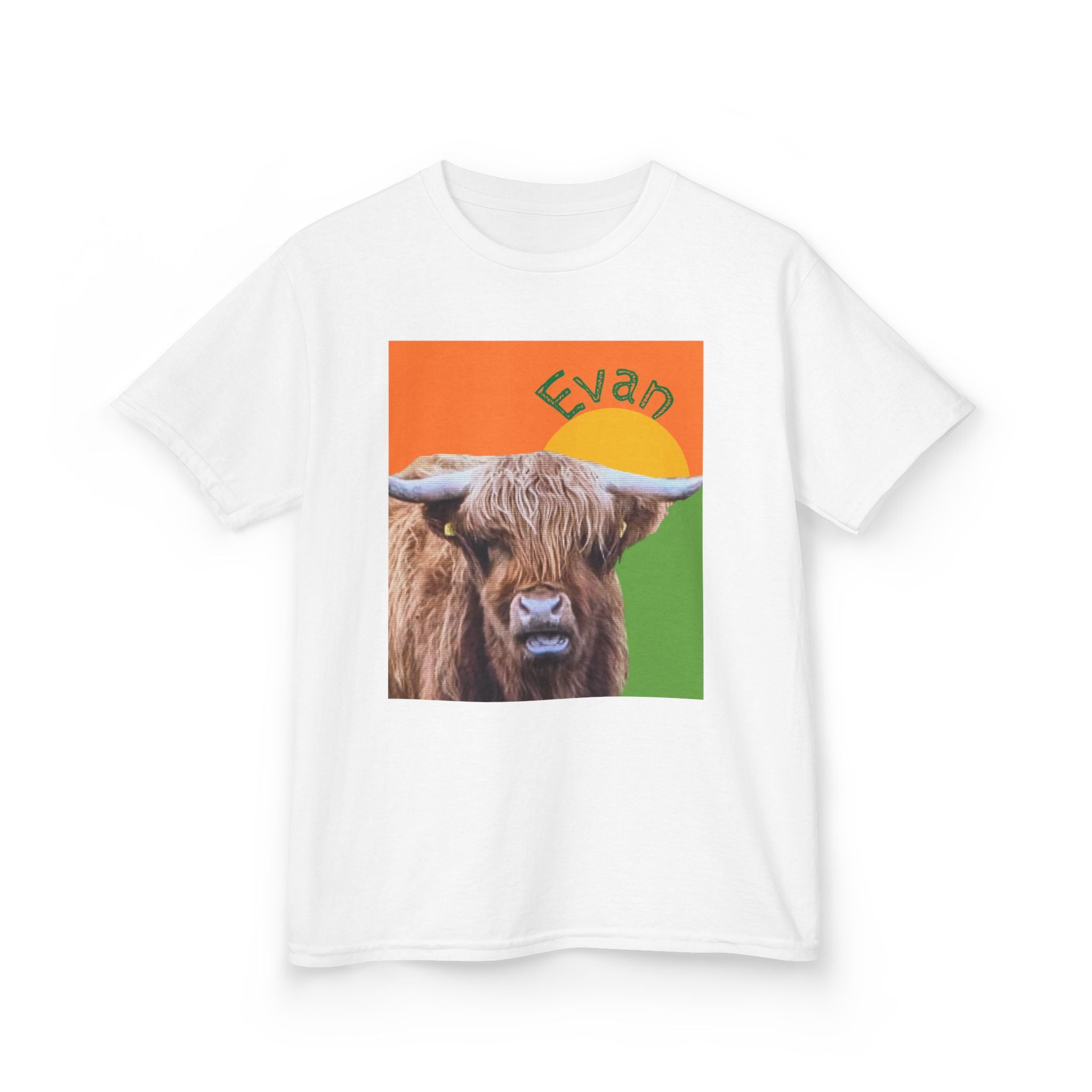 Highland Cow Sunset Kids Tee | Scottish Cattle Animal Graphic