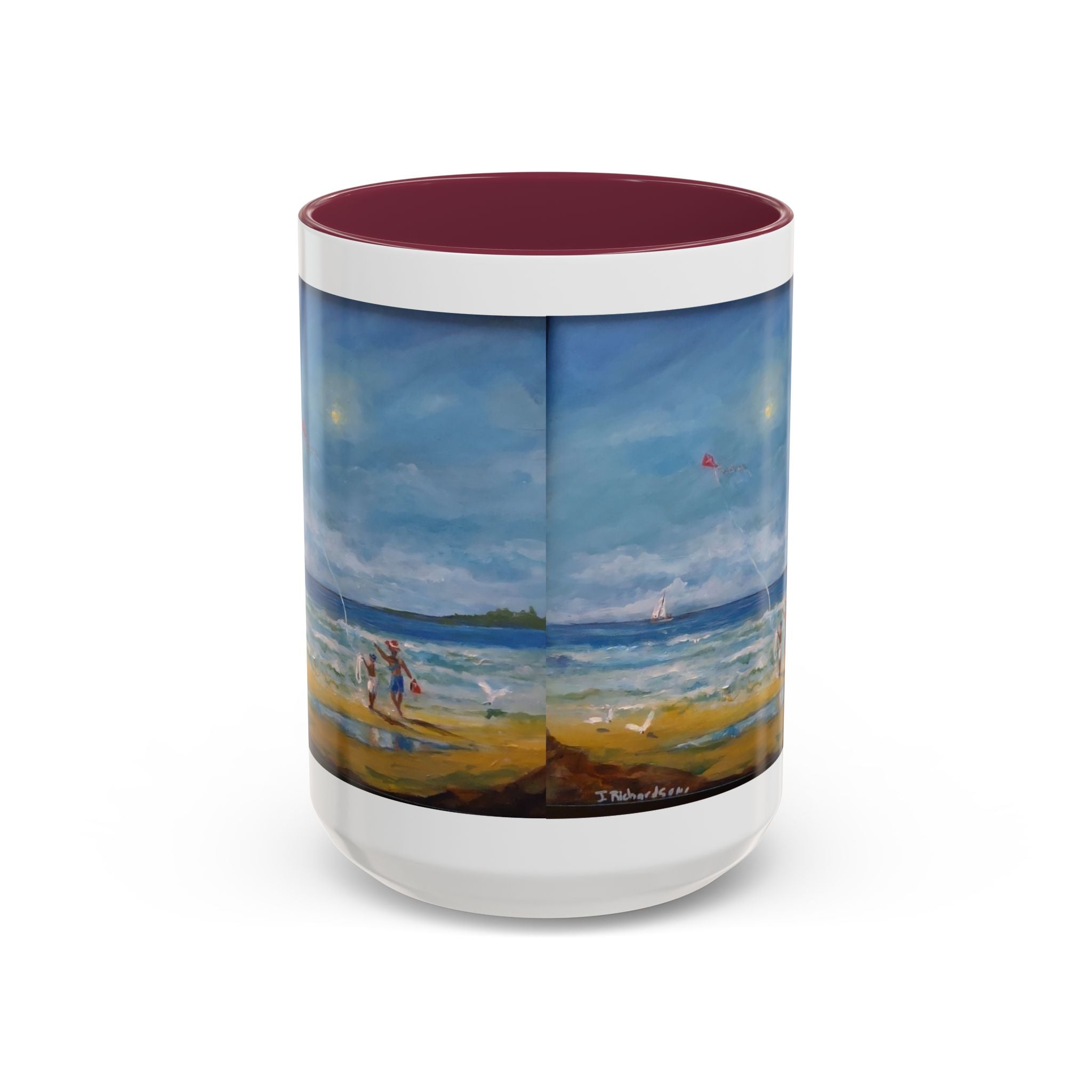 Beach & kite scene, Coffee Accent Mug - Personalize it! Colorful Ceramic Mug (11oz, 15oz)