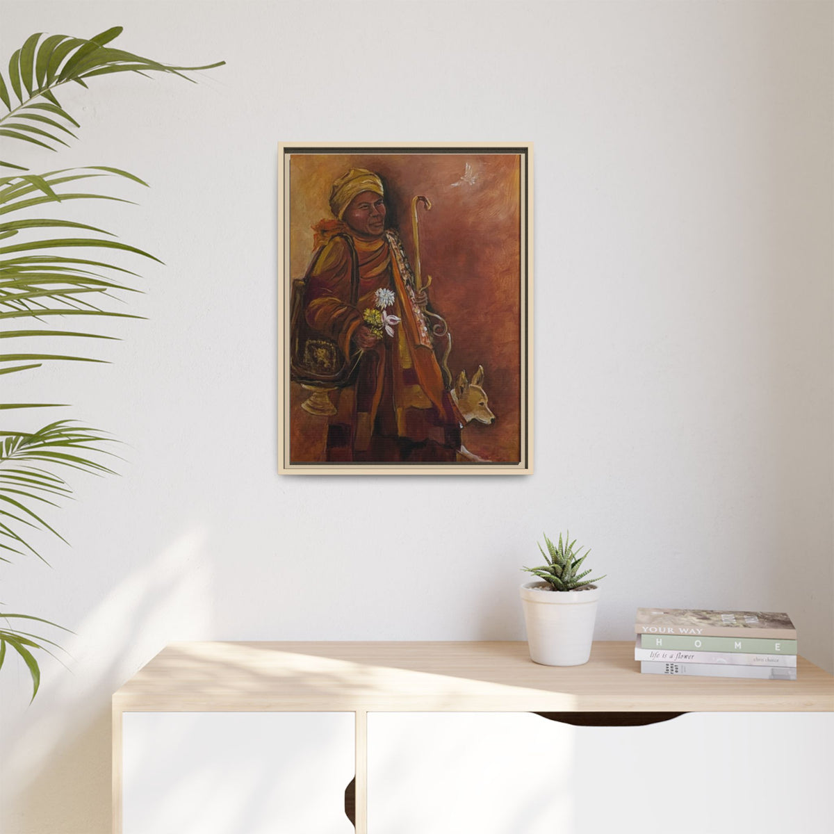 Monk & Dog & Dove Matte Canvas Framed | Earth Tone Wall Art