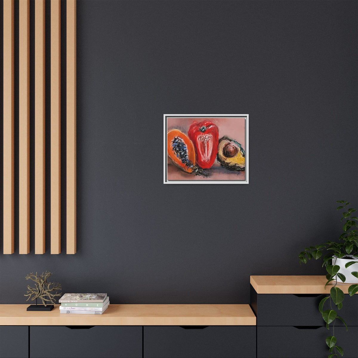 Framed Matte Canvas Art — Vibrant Still Life: Papaya, Red Pepper & Avocado