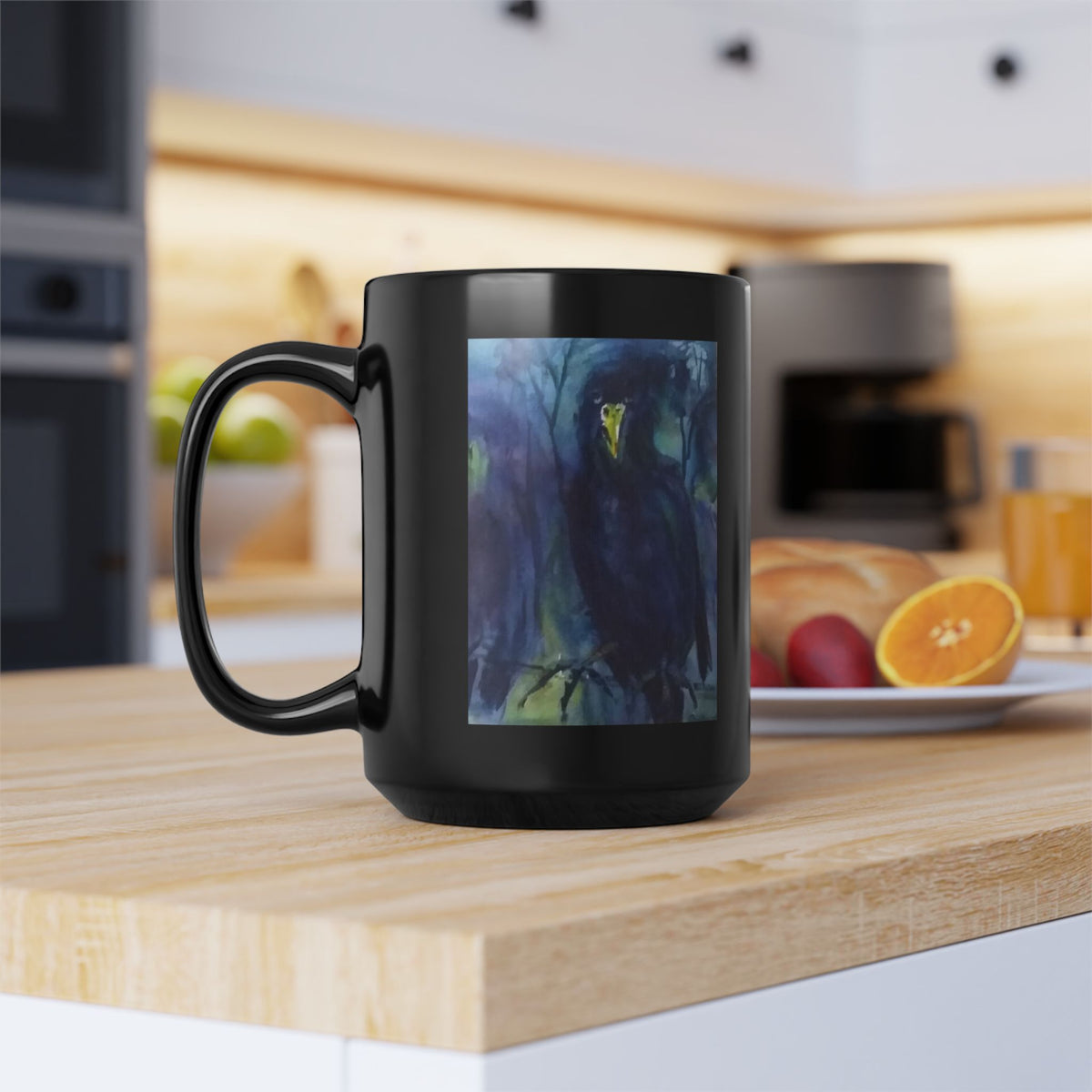 Dark Raven Watercolor Black Mug | Personalizable Gothic Bird Art, Night Forest