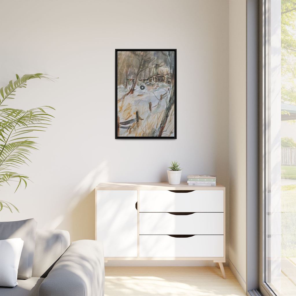 Winter Cabin Landscape Framed Canvas Print
