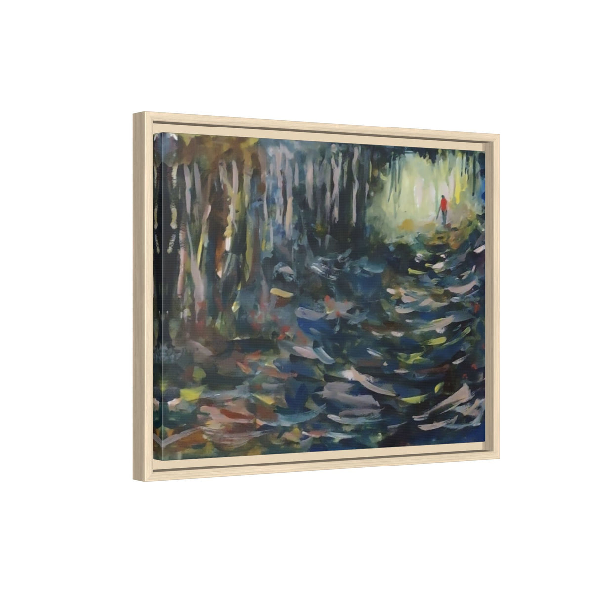 Forest Path Abstract Matte Canvas Framed | Red-Coated Figure, Blue-Green Impressionist Wall Art