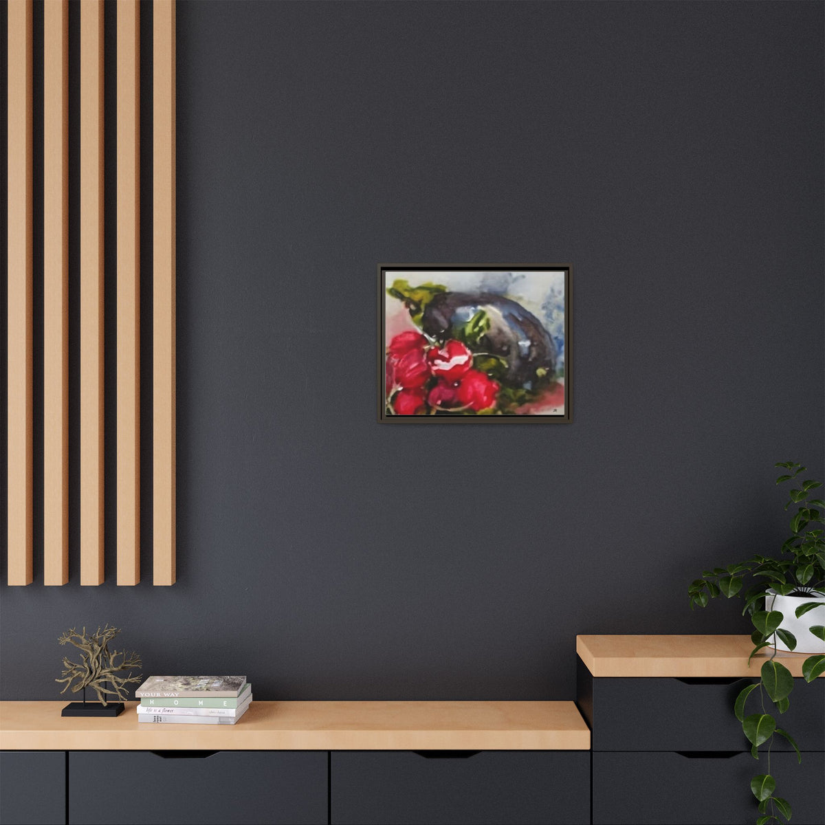 Ripe Eggplant and Red Radishes Canvas Framed Matte Canvas | Still Life Kitchen Wall Art