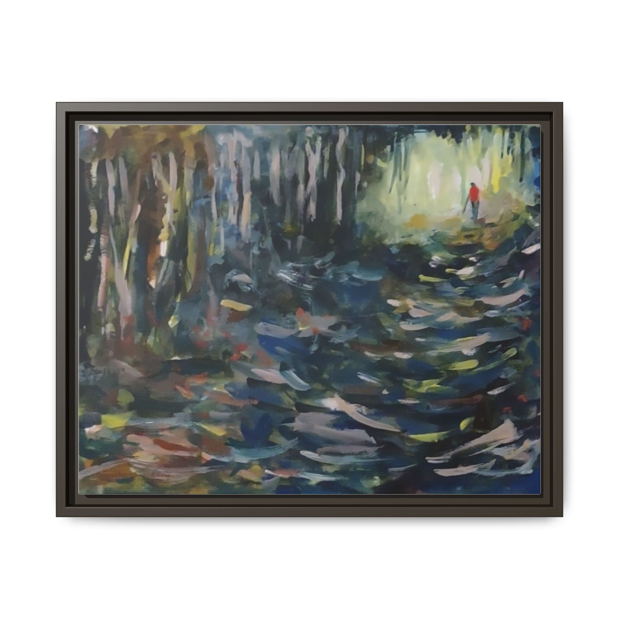 Forest Path Abstract Matte Canvas Framed | Red-Coated Figure, Blue-Green Impressionist Wall Art