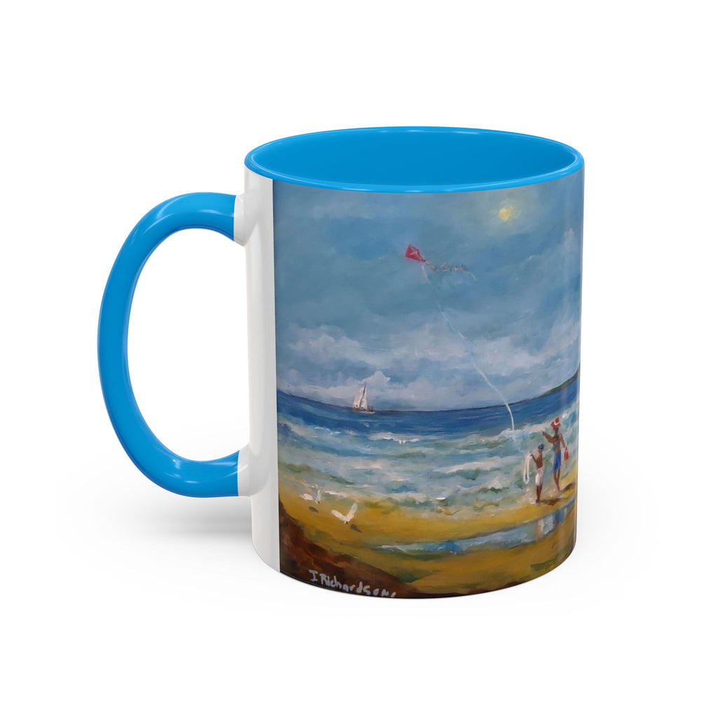 Beach & kite scene, Coffee Accent Mug - Personalize it! Colorful Ceramic Mug (11oz, 15oz)