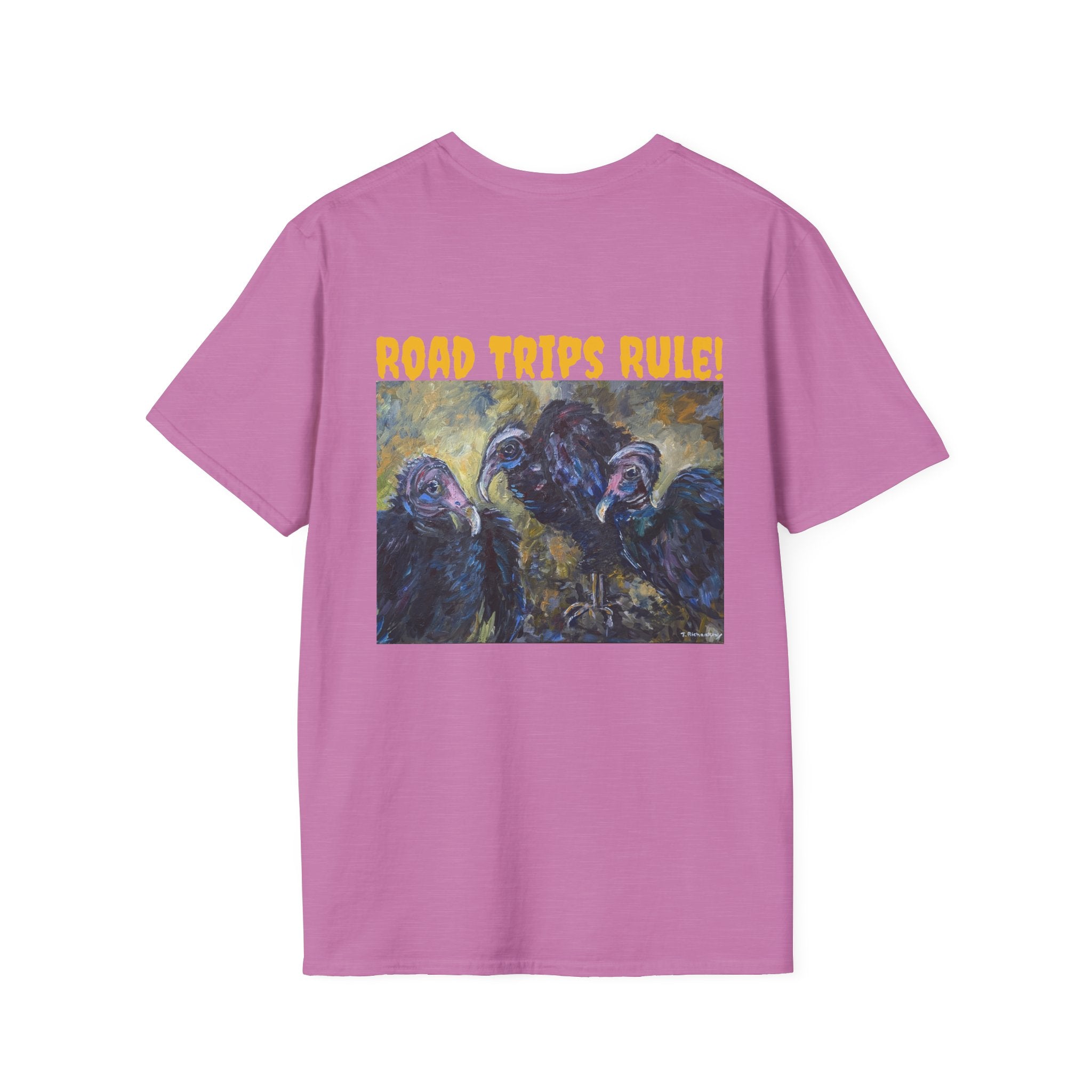 Trio of Vultures unisex T-shirt Back Design, Frt. Logo