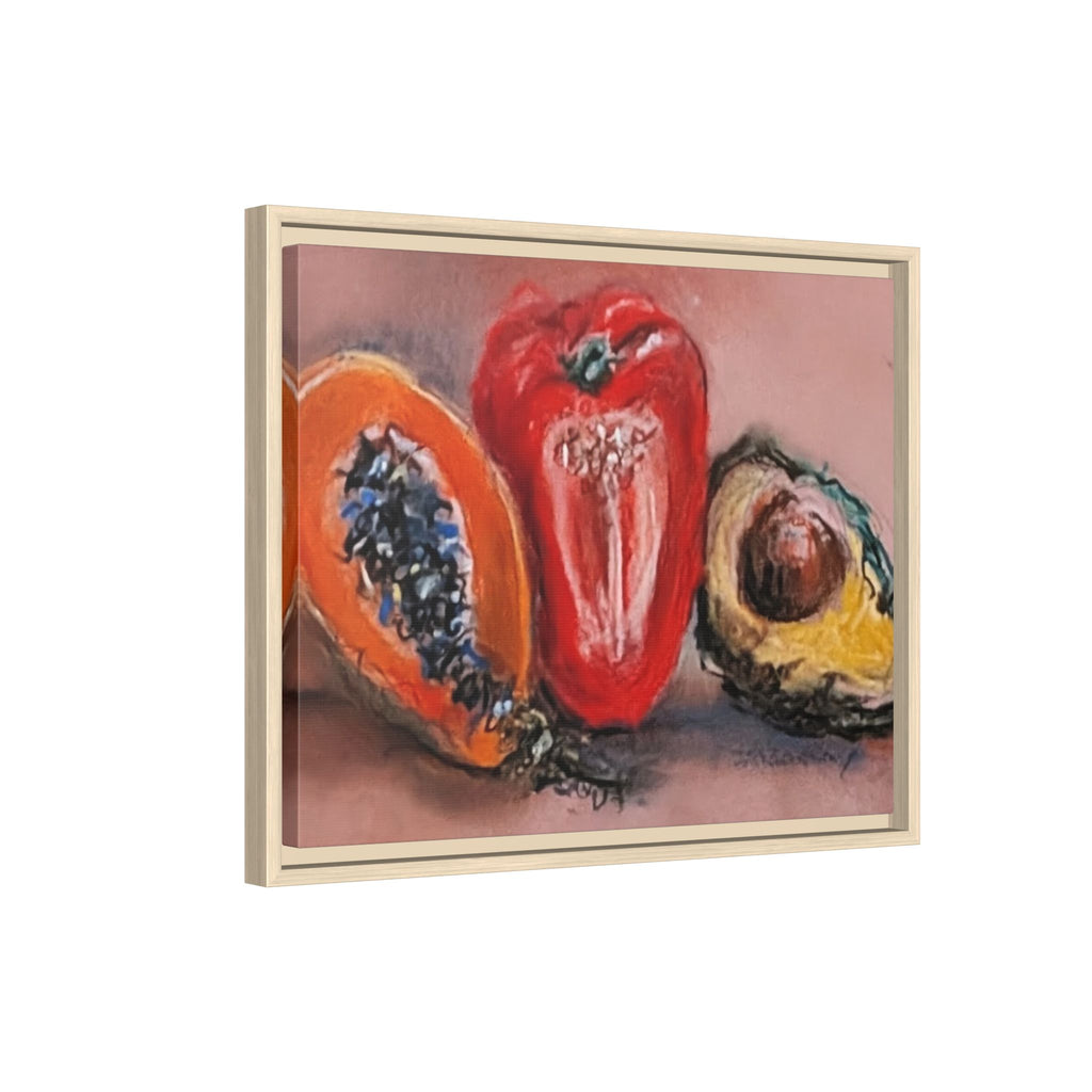 Framed Matte Canvas Art — Vibrant Still Life: Papaya, Red Pepper & Avocado