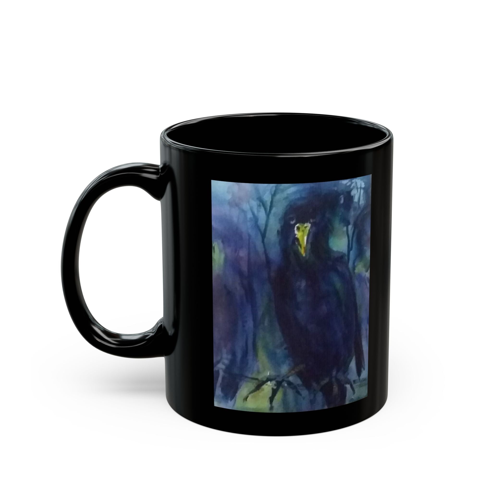 Dark Raven Watercolor Black Mug | Personalizable Gothic Bird Art, Night Forest