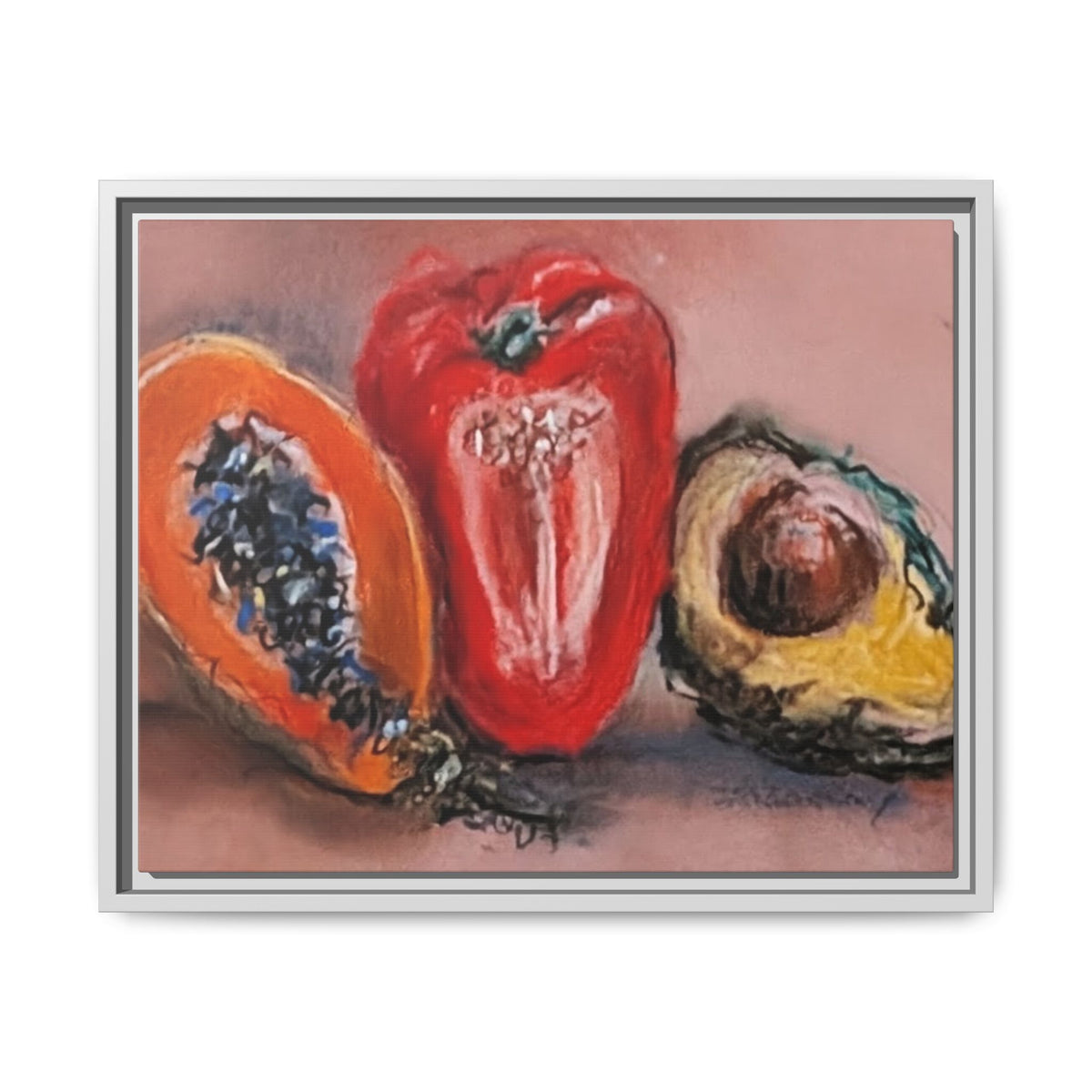 Framed Matte Canvas Art — Vibrant Still Life: Papaya, Red Pepper & Avocado