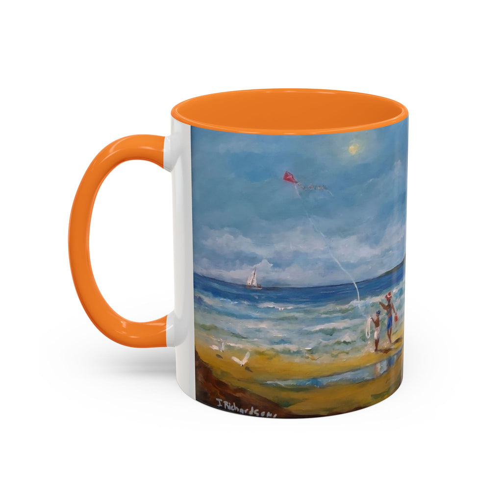 Beach & kite scene, Coffee Accent Mug - Personalize it! Colorful Ceramic Mug (11oz, 15oz)
