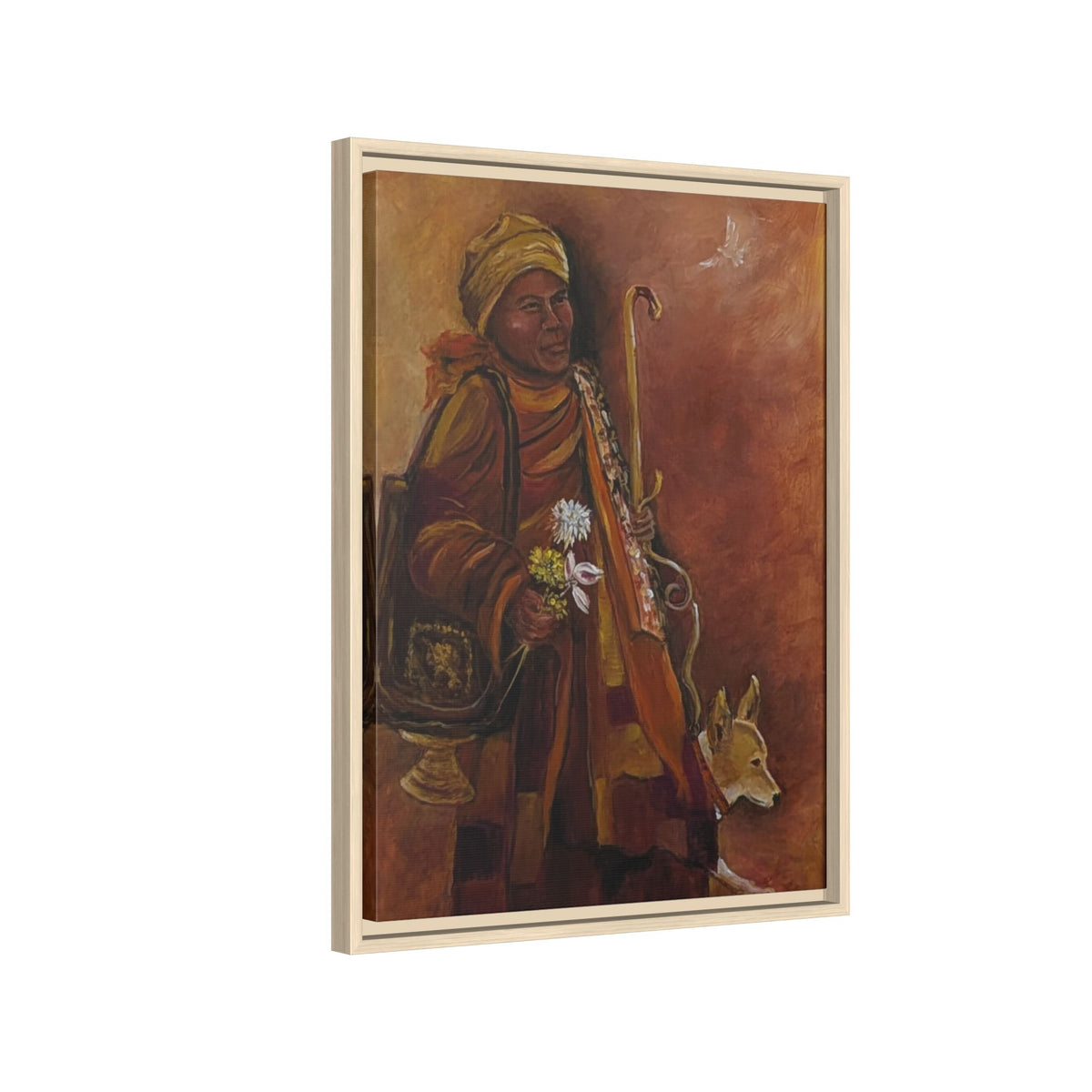 Monk & Dog & Dove Matte Canvas Framed | Earth Tone Wall Art