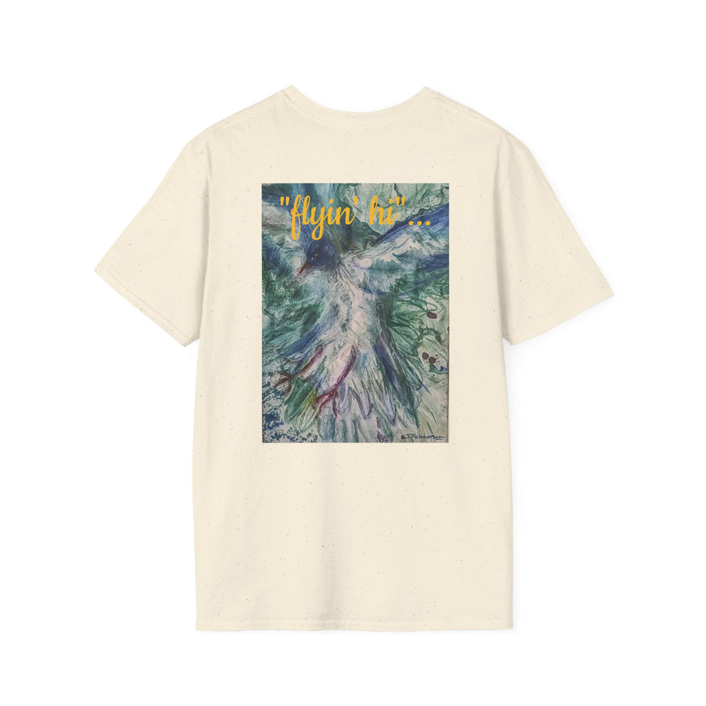 Bird in Flight 'flyin' hi!' Script Logo Chest Print T-Shirt | Minimalist Back Design