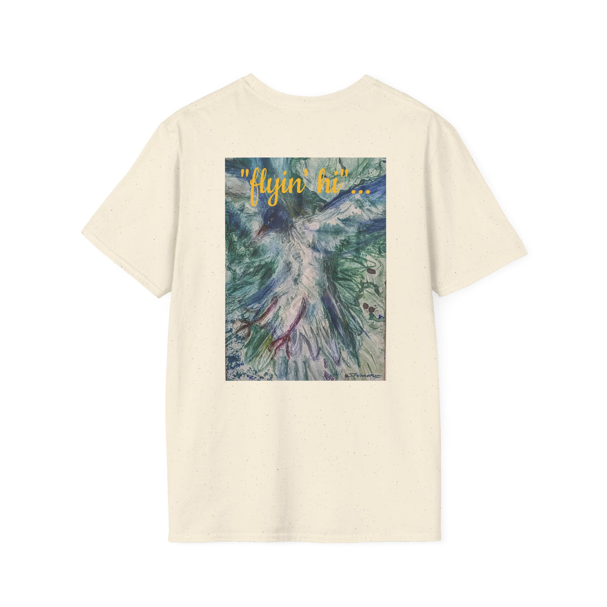 Bird in Flight 'flyin' hi!' Script Logo Chest Print T-Shirt | Minimalist Back Design