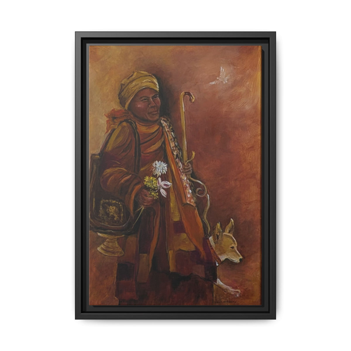 Monk & Dog & Dove Matte Canvas Framed | Earth Tone Wall Art