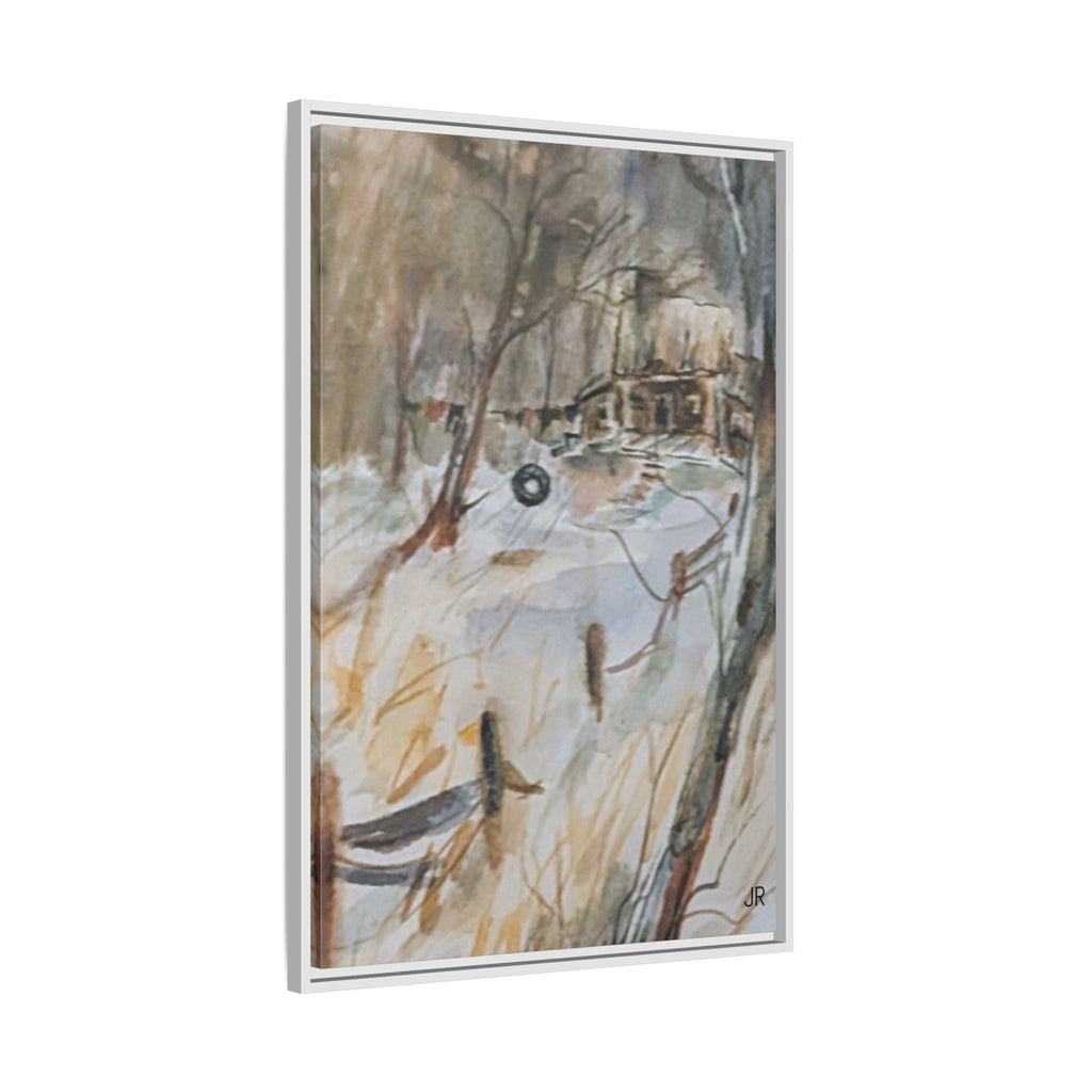 Winter Cabin Landscape Framed Canvas Print