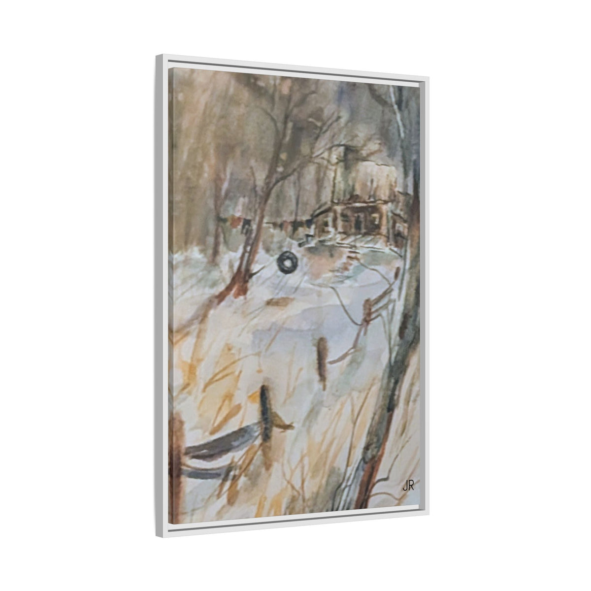 Winter Cabin Landscape Framed Canvas Print