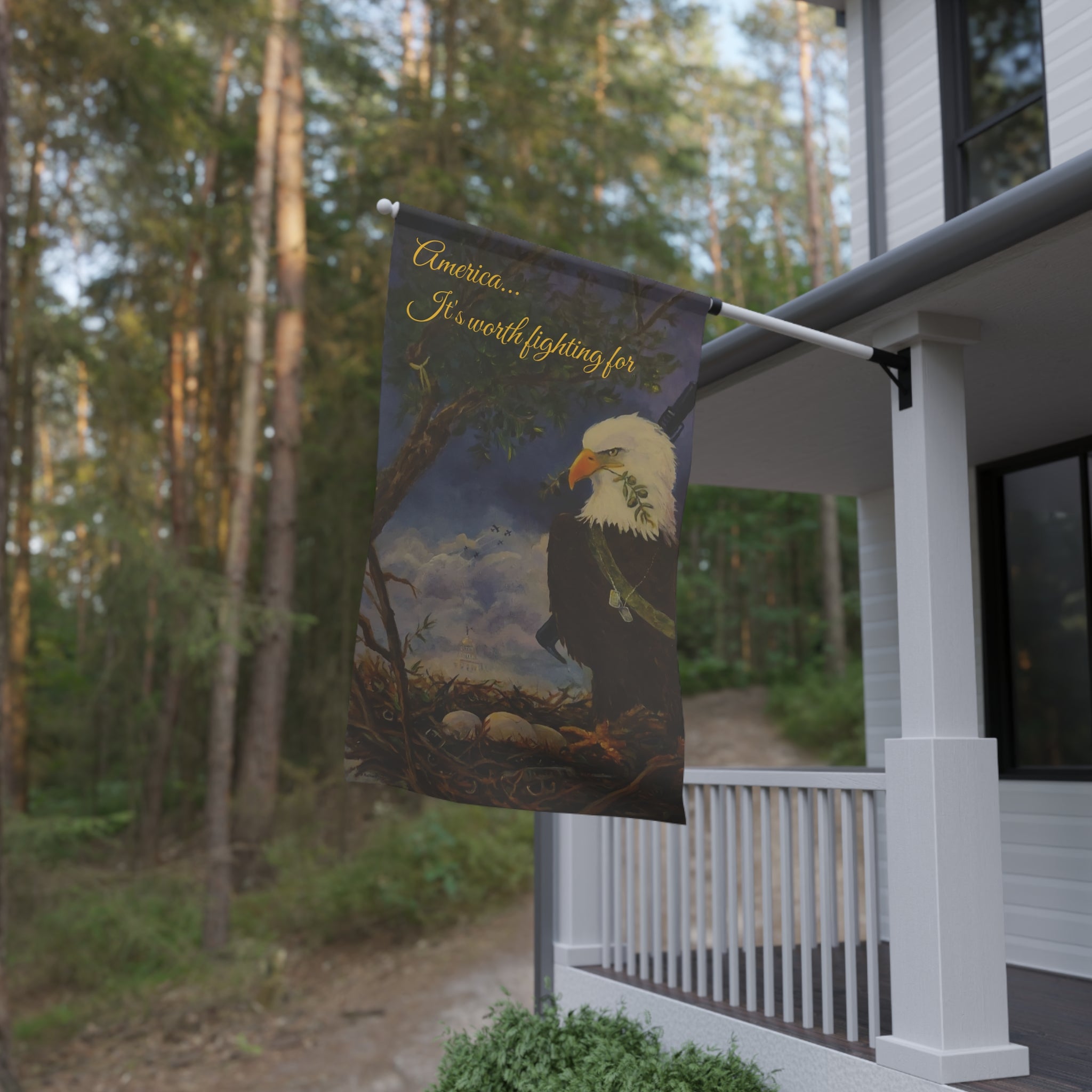 Patriotic Eagle House Banner — "America... It's Worth Fighting For" Decorative Flag