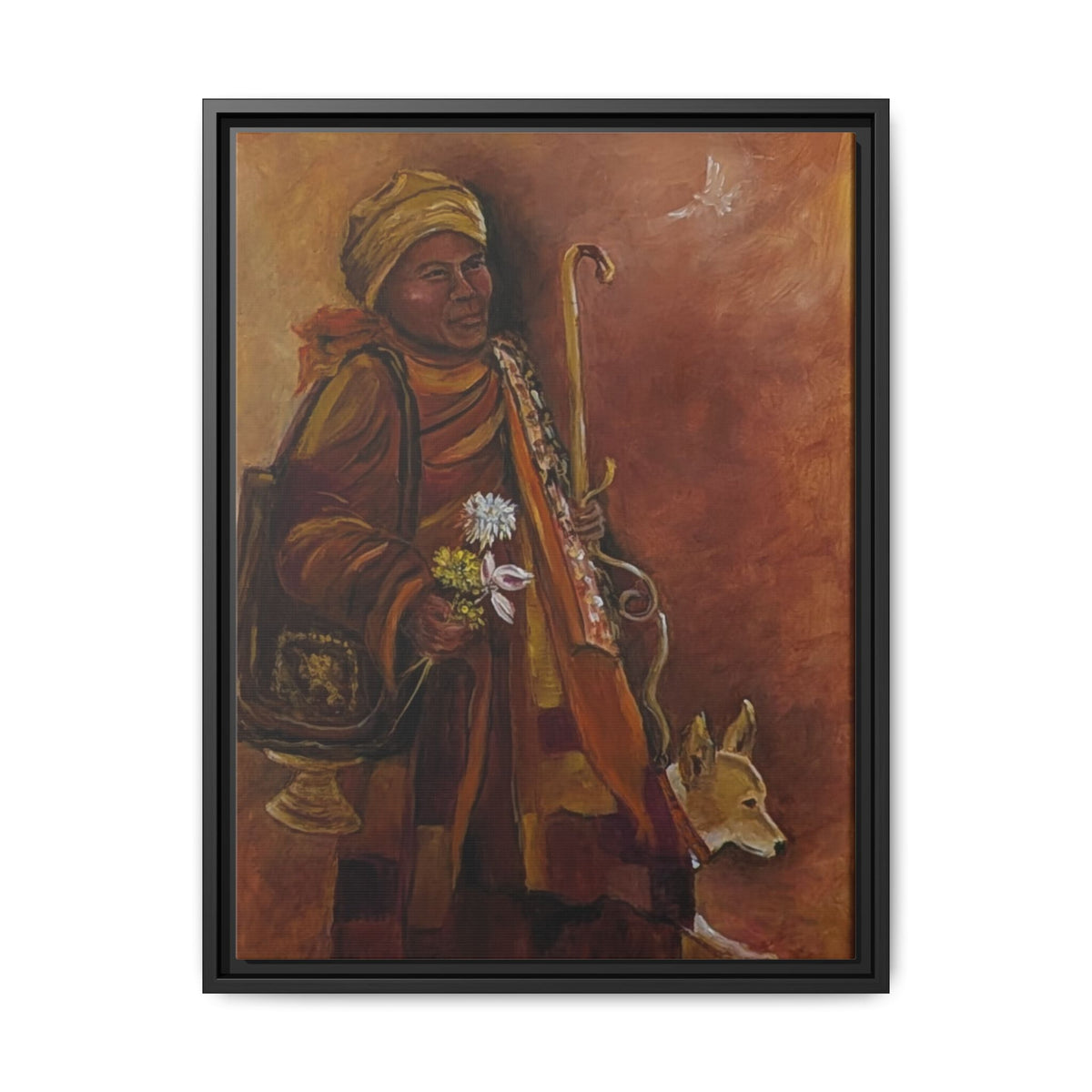 Monk & Dog & Dove Matte Canvas Framed | Earth Tone Wall Art